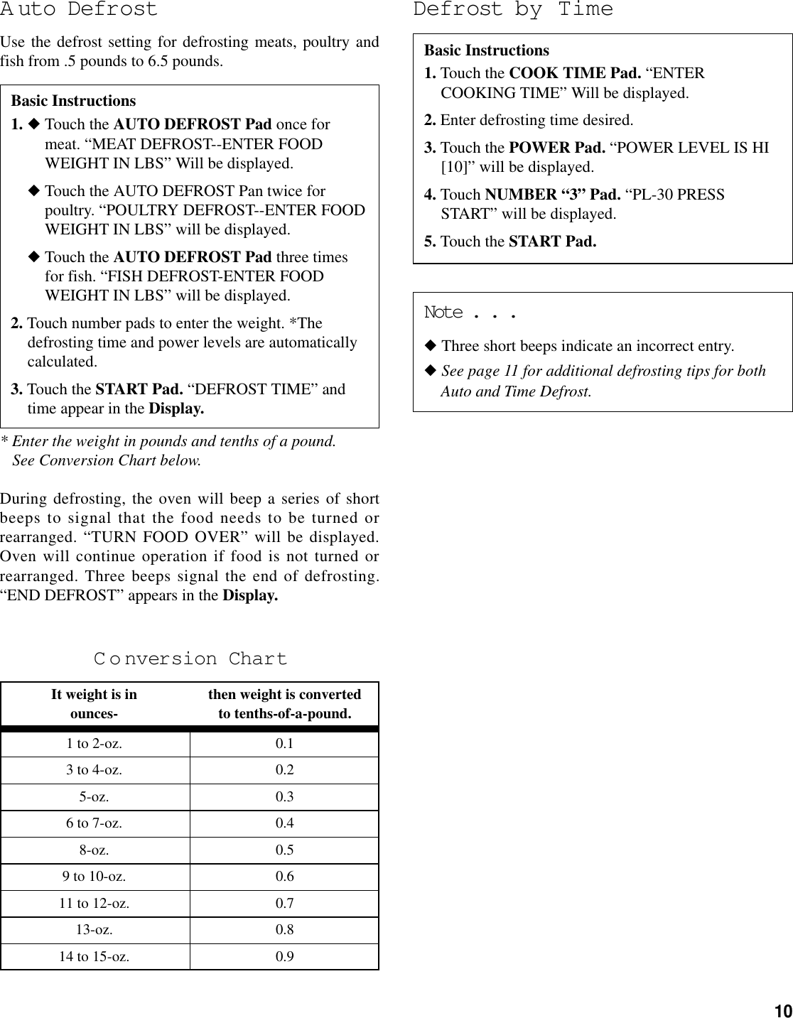 10A uto DefrostUse the defrost setting for defrosting meats, poultry andfish from .5 pounds to 6.5 pounds.* Enter the weight in pounds and tenths of a pound.See Conversion Chart below.During defrosting, the oven will beep a series of shortbeeps to signal that the food needs to be turned orrearranged. “TURN FOOD OVER” will be displayed.Oven will continue operation if food is not turned orrearranged. Three beeps signal the end of defrosting.“END DEFROST” appears in the Display.Defrost by TimeBasic Instructions1. ◆ Touch the AUTO DEFROST Pad once formeat. “MEAT DEFROST--ENTER FOODWEIGHT IN LBS” Will be displayed.◆ Touch the AUTO DEFROST Pan twice forpoultry. “POULTRY DEFROST--ENTER FOODWEIGHT IN LBS” will be displayed.◆ Touch the AUTO DEFROST Pad three timesfor fish. “FISH DEFROST-ENTER FOODWEIGHT IN LBS” will be displayed.2. Touch number pads to enter the weight. *Thedefrosting time and power levels are automaticallycalculated.3. Touch the START Pad. “DEFROST TIME” andtime appear in the Display.Basic Instructions1. Touch the COOK TIME Pad. “ENTERCOOKING TIME” Will be displayed.2. Enter defrosting time desired.3. Touch the POWER Pad. “POWER LEVEL IS HI[10]” will be displayed.4. Touch NUMBER “3” Pad. “PL-30 PRESSSTART” will be displayed.5. Touch the START Pad.Note . . .◆ Three short beeps indicate an incorrect entry.◆ See page 11 for additional defrosting tips for bothAuto and Time Defrost.C o nversion ChartIt weight is inounces-1 to 2-oz.3 to 4-oz.5-oz.6 to 7-oz.8-oz.9 to 10-oz.11 to 12-oz.13-oz.14 to 15-oz.then weight is convertedto tenths-of-a-pound.0.10.20.30.40.50.60.70.80.9