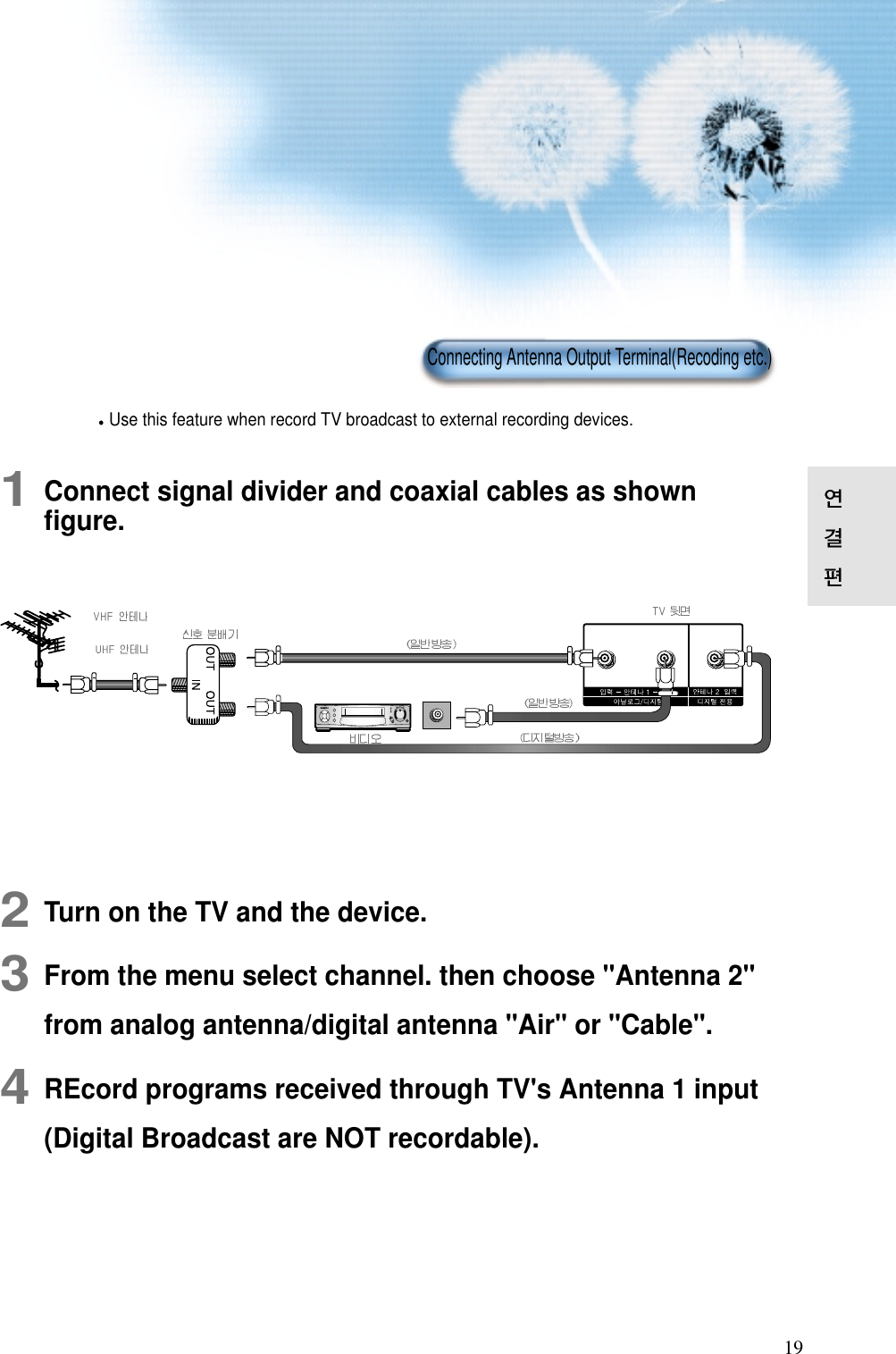 191Connect signal divider and coaxial cables as shownﬁgure.2Turn on the TV and the device.3From the menu select channel. then choose "Antenna 2"from analog antenna/digital antenna "Air" or "Cable".4REcord programs received through TV's Antenna 1 input(Digital Broadcast are NOT recordable).Use this feature when record TV broadcast to external recording devices.Connecting Antenna Output Terminal(Recoding etc.)