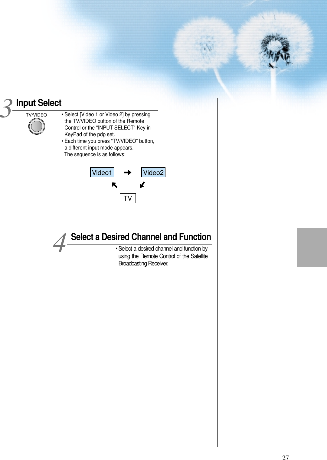 27Input SelectTV/VIDEO&bull; Select [Video 1 or Video 2] by pressingthe TV/VIDEO button of the RemoteControl or the "INPUT SELECT" Key inKeyPad of the pdp set.&bull; Each time you press &ldquo;TV/VIDEO&rdquo; button,a different input mode appears.The sequence is as follows: Select a Desired Channel and Function&bull; Select a desired channel and function byusing the Remote Control of the SatelliteBroadcasting Receiver.34Video1 Video2TV
