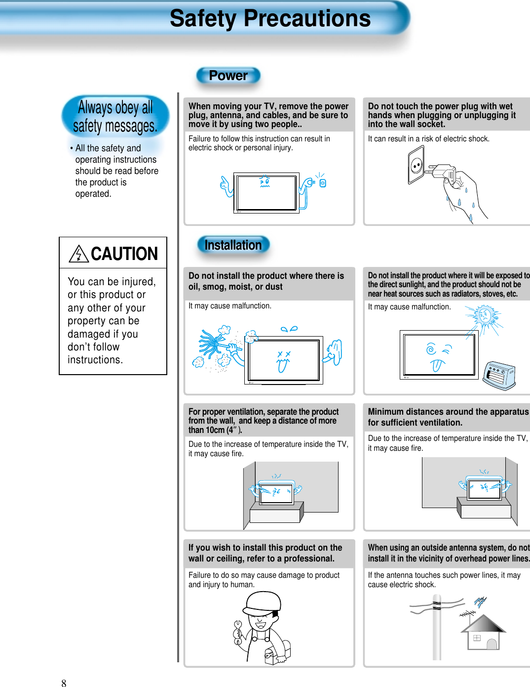 8Always obey all safety messages.&bull; All the safety andoperating instructionsshould be read beforethe product isoperated.Safety PrecautionsPowerInstallationCAUTIONYou can be injured,or this product orany other of yourproperty can bedamaged if youdon&rsquo;t followinstructions. When moving your TV, remove the powerplug, antenna, and cables, and be sure tomove it by using two people..Failure to follow this instruction can result inelectric shock or personal injury.Do not touch the power plug with wethands when plugging or unplugging itinto the wall socket.It can result in a risk of electric shock.Do not install the product where it will be exposed tothe direct sunlight, and the product should not benear heat sources such as radiators, stoves, etc.It may cause malfunction.Do not install the product where there isoil, smog, moist, or dustIt may cause malfunction.For proper ventilation, separate the productfrom the wall,  and keep a distance of morethan 10cm (4&rdquo;).Due to the increase of temperature inside the TV,it may cause ﬁre.Minimum distances around the apparatusfor sufﬁcient ventilation. Due to the increase of temperature inside the TV,it may cause ﬁre.If you wish to install this product on thewall or ceiling, refer to a professional.Failure to do so may cause damage to productand injury to human.When using an outside antenna system, do notinstall it in the vicinity of overhead power lines.If the antenna touches such power lines, it maycause electric shock.  