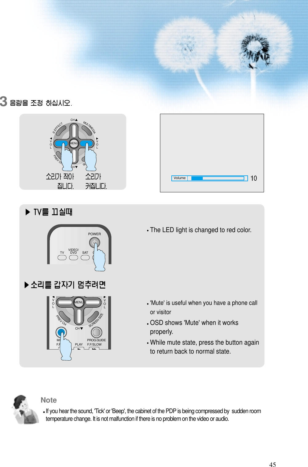 45Volume3CHCHVOLVOLMULTIMEDIAS.EFFECTMENUPREVCHSCREENSIZEThe LED light is changed to red color.'Mute' is useful when you have a phone callor visitorOSD shows 'Mute' when it worksproperly.While mute state, press the button againto return back to normal state.VIDEO/DVD SATTV CATVPOWERCHVOLVOLMENUPREVCHSCREENSIZEMUTE PROG.GUIDEF.F/SLOWPLAYF.R/SLOWNoteIf you hear the sound, 'Tick' or 'Beep', the cabinet of the PDP is being compressed by  sudden roomtemperature change. It is not malfunction if there is no problem on the video or audio.