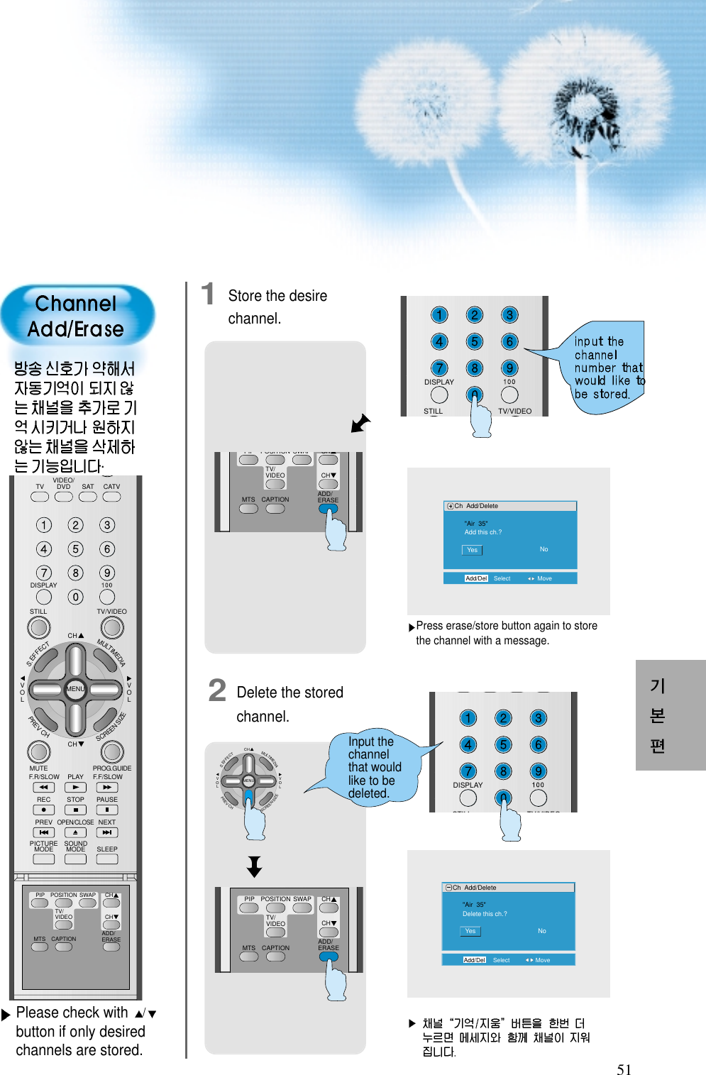 511 Store the desirechannel.2 Delete the storedchannel.DISPLAYTV/VIDEOSTILLMTS CAPTIONPIP POSITION SWAPTV/VIDEOADD/ERASECHCHCHCHVOLVOLMULTIMEDIAS.EFFECTMENUPREVCHSCREENSIZEDISPLAYTV/VIDEOSTILLMTS CAPTIONPIP POSITION SWAPTV/VIDEOADD/ERASECHCHInput thechannelthat wouldlike to bedeleted.Ch Add/Delete"Air  35"Add this ch.?YesAdd/Del Select MoveNoCh Add/Delete"Air  35"Delete this ch.?YesAdd/Del Select MoveNoPlease check with  /button if only desiredchannels are stored. .Press erase/store button again to storethe channel with a message.VIDEO/DVD SATTV CATVDISPLAYTV/VIDEOSTILLCHCHVOLVOLMULTIMEDIAS.EFFECTMENUPREVCHSCREENSIZEMUTE PROG.GUIDEF.F/SLOWPLAYF.R/SLOWREC STOP PAUSEPREVOPEN/CLOSENEXTPICTUREMODE SOUNDMODE SLEEPMTS CAPTIONPIP POSITION SWAPTV/VIDEOADD/ERASECHCH