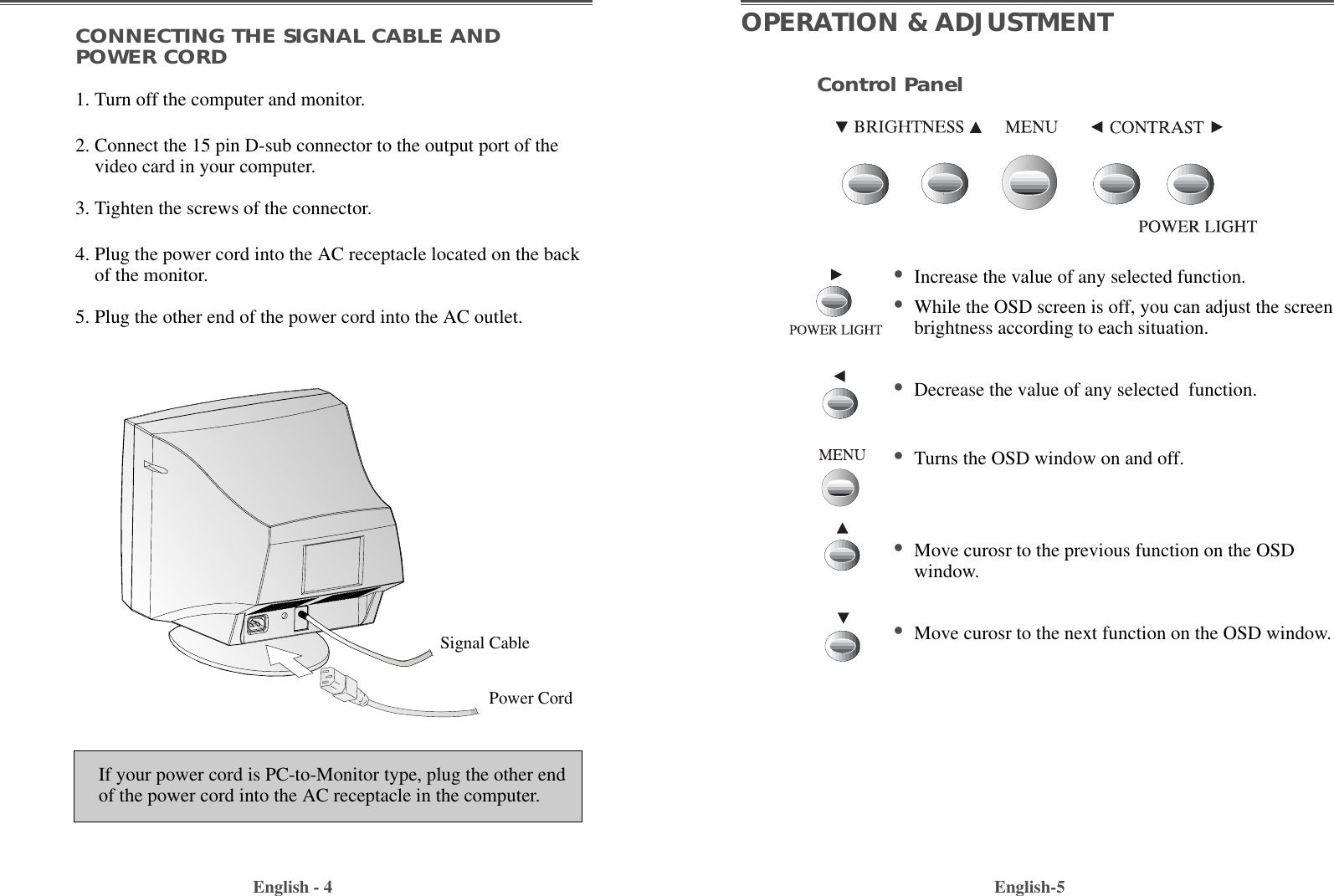 English-5OPERATION &amp; ADJUSTMENTControl Panel•Increase the value of any selected function.•While the OSD screen is off, you can adjust the screenbrightness according to each situation.•Decrease the value of any selected  function.•Turns the OSD window on and off.•Move curosr to the previous function on the OSDwindow.•Move curosr to the next function on the OSD window.CONNECTING THE SIGNAL CABLE ANDPOWER CORD1. Turn off the computer and monitor.2. Connect the 15 pin D-sub connector to the output port of thevideo card in your computer.3. Tighten the screws of the connector.4. Plug the power cord into the AC receptacle located on the backof the monitor. 5. Plug the other end of the power cord into the AC outlet.English - 4If your power cord is PC-to-Monitor type, plug the other endof the power cord into the AC receptacle in the computer.Signal CablePower Cord