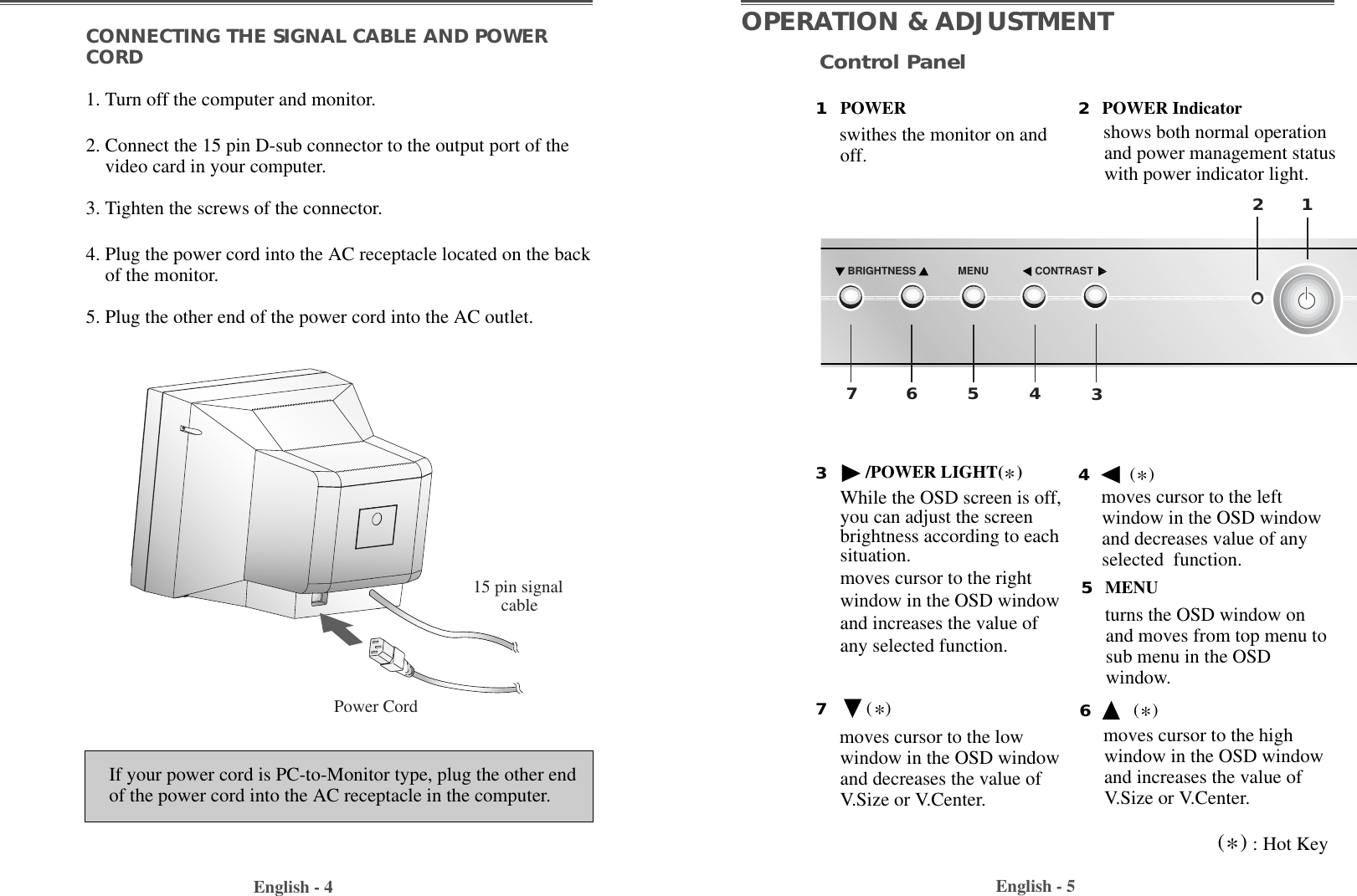 English - 5OPERATION &amp; ADJUSTMENTCONNECTING THE SIGNAL CABLE AND POWERCORD1. Turn off the computer and monitor.2. Connect the 15 pin D-sub connector to the output port of thevideo card in your computer.3. Tighten the screws of the connector.4. Plug the power cord into the AC receptacle located on the backof the monitor. 5. Plug the other end of the power cord into the AC outlet.English - 4If your power cord is PC-to-Monitor type, plug the other endof the power cord into the AC receptacle in the computer.Control Panelswithes the monitor on andoff.shows both normal operationand power management statuswith power indicator light.POWER IndicatorPOWER12While the OSD screen is off,you can adjust the screenbrightness according to eachsituation.moves cursor to the rightwindow in the OSD windowand increases the value ofany selected function.MENU345moves cursor to the leftwindow in the OSD windowand decreases value of anyselected  function.turns the OSD window onand moves from top menu tosub menu in the OSDwindow.*/POWER LIGHT(   )moves cursor to the highwindow in the OSD windowand increases the value ofV.Size or V.Center.6*(   )*(   )7moves cursor to the lowwindow in the OSD windowand decreases the value ofV.Size or V.Center.*(   )*(   ) : Hot KeyBRIGHTNESS MENU CONTRAST134567215 pin signalcablePower Cord