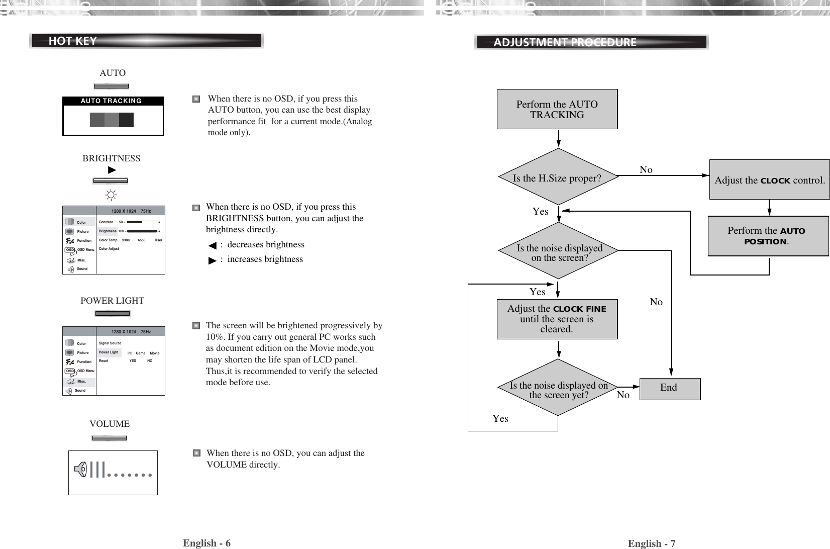 English - 7English - 6HOT KEYWhen there is no OSD, if you press thisBRIGHTNESS button, you can adjust thebrightness directly.:  decreases brightness :  increases brightnessWhen there is no OSD, if you press thisAUTO button, you can use the best displayperformance fit  for a current mode.(Analogmode only).AUTO TRACKINGAUTOContrastBrightnessColor Temp.    9300         6550          UserColor Adjust100 - +50 - +OSDColorPictureFunctionMisc.OSD Menu1280 X 1024    75HzSoundBRIGHTNESS  The screen will be brightened progressively by10%. If you carry out general PC works suchas document edition on the Movie mode,youmay shorten the life span of LCD panel.Thus,it is recommended to verify the selectedmode before use.Signal SourcePower LightResetOSDColorPictureFunctionMisc.OSD Menu1280 X 1024    75HzPC    Game     Movie  YES            NOSoundPOWER LIGHTVOLUMEWhen there is no OSD, you can adjust theVOLUME directly.ADJUSTMENT PROCEDUREAdjust the CLOCK control.Perform the AUTOPOSITION.Perform the AUTOTRACKINGIs the H.Size proper?Is the noise displayedon the screen?Adjust the CLOCK FINEuntil the screen iscleared.Is the noise displayed onthe screen yet?YesNoNoEndYesYesNo