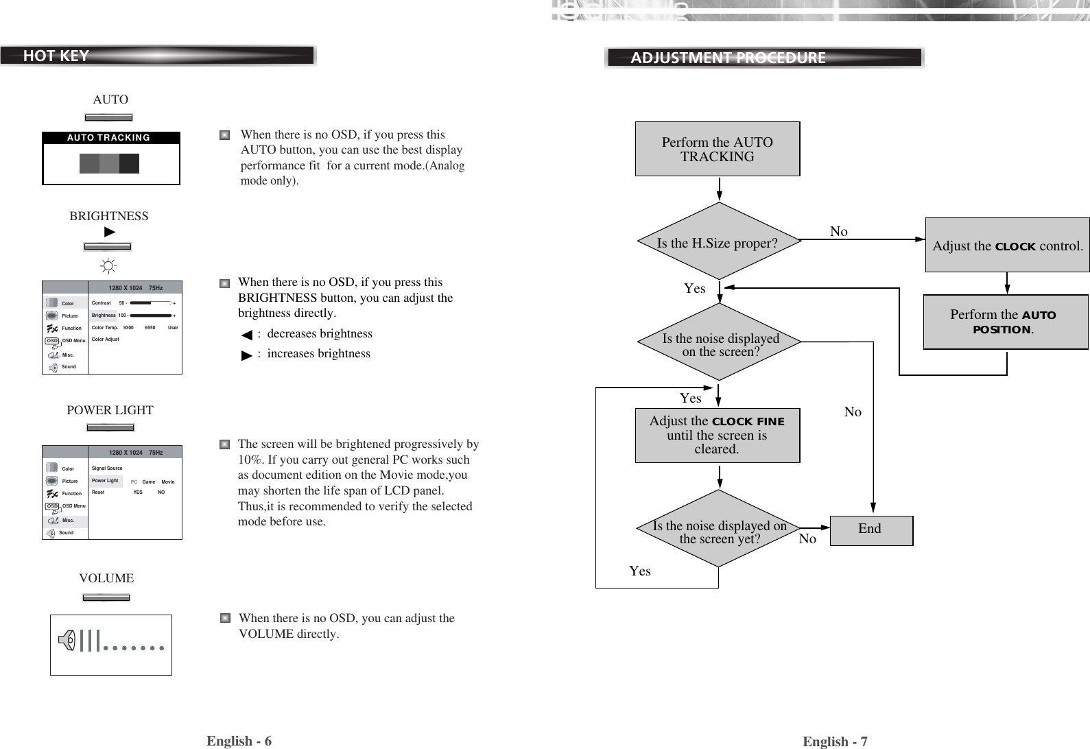 English - 7English - 6HOT KEYWhen there is no OSD, if you press thisBRIGHTNESS button, you can adjust thebrightness directly.:  decreases brightness :  increases brightnessWhen there is no OSD, if you press thisAUTO button, you can use the best displayperformance fit  for a current mode.(Analogmode only).AUTO TRACKINGAUTOContrastBrightnessColor Temp.    9300         6550          UserColor Adjust100 - +50 - +OSDColorPictureFunctionMisc.OSD Menu1280 X 1024    75HzSoundBRIGHTNESS  The screen will be brightened progressively by10%. If you carry out general PC works suchas document edition on the Movie mode,youmay shorten the life span of LCD panel.Thus,it is recommended to verify the selectedmode before use.Signal SourcePower LightResetOSDColorPictureFunctionMisc.OSD Menu1280 X 1024    75HzPC    Game     Movie  YES            NOSoundPOWER LIGHTVOLUMEWhen there is no OSD, you can adjust theVOLUME directly.ADJUSTMENT PROCEDUREAdjust the CLOCK control.Perform the AUTOPOSITION.Perform the AUTOTRACKINGIs the H.Size proper?Is the noise displayedon the screen?Adjust the CLOCK FINEuntil the screen iscleared.Is the noise displayed onthe screen yet?YesNoNoEndYesYesNo