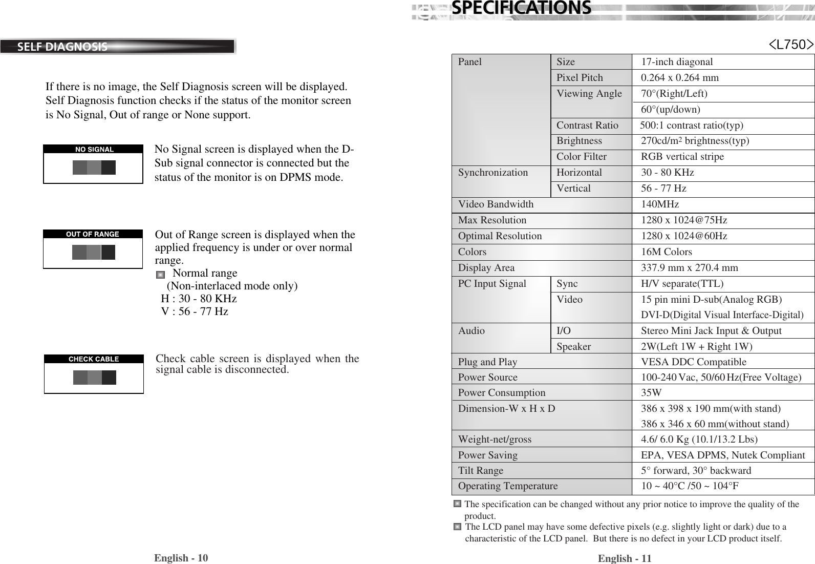 English - 11SPECIFICASPECIFICATIONSTIONSEnglish - 10SELF DIAGNOSISIf there is no image, the Self Diagnosis screen will be displayed.Self Diagnosis function checks if the status of the monitor screenis No Signal, Out of range or None support.No Signal screen is displayed when the D-Sub signal connector is connected but thestatus of the monitor is on DPMS mode.Out of Range screen is displayed when theapplied frequency is under or over normalrange.Normal range(Non-interlaced mode only)H : 30 - 80 KHz V : 56 - 77 Hz    Check cable screen is displayed when thesignal cable is disconnected.Panel Size 17-inch diagonal Pixel Pitch 0.264 x 0.264 mmViewing Angle  70°(Right/Left)60°(up/down)Contrast Ratio        500:1 contrast ratio(typ)Brightness 270cd/m2brightness(typ)Color Filter  RGB vertical stripeSynchronization Horizontal 30 - 80 KHzVertical 56 - 77 Hz Video Bandwidth 140MHzMax Resolution 1280 x 1024@75HzOptimal Resolution 1280 x 1024@60HzColors 16M ColorsDisplay Area 337.9 mm x 270.4 mmPC Input Signal Sync H/V separate(TTL)Video 15 pin mini D-sub(Analog RGB)DVI-D(Digital Visual Interface-Digital)Audio I/O Stereo Mini Jack Input &amp; OutputSpeaker  2W(Left 1W + Right 1W)Plug and Play VESA DDC CompatiblePower Source 100-240Vac, 50/60Hz(Free Voltage)      Power Consumption 35WDimension-W x H x D  386 x 398 x 190 mm(with stand)386 x 346 x 60 mm(without stand)Weight-net/gross         4.6/ 6.0 Kg (10.1/13.2 Lbs)Power Saving EPA, VESA DPMS, Nutek CompliantTilt Range 5° forward, 30° backwardOperating Temperature 10 ~ 40°C /50 ~ 104°FThe specification can be changed without any prior notice to improve the quality of theproduct.The LCD panel may have some defective pixels (e.g. slightly light or dark) due to acharacteristic of the LCD panel.  But there is no defect in your LCD product itself.&lt;L750&gt;