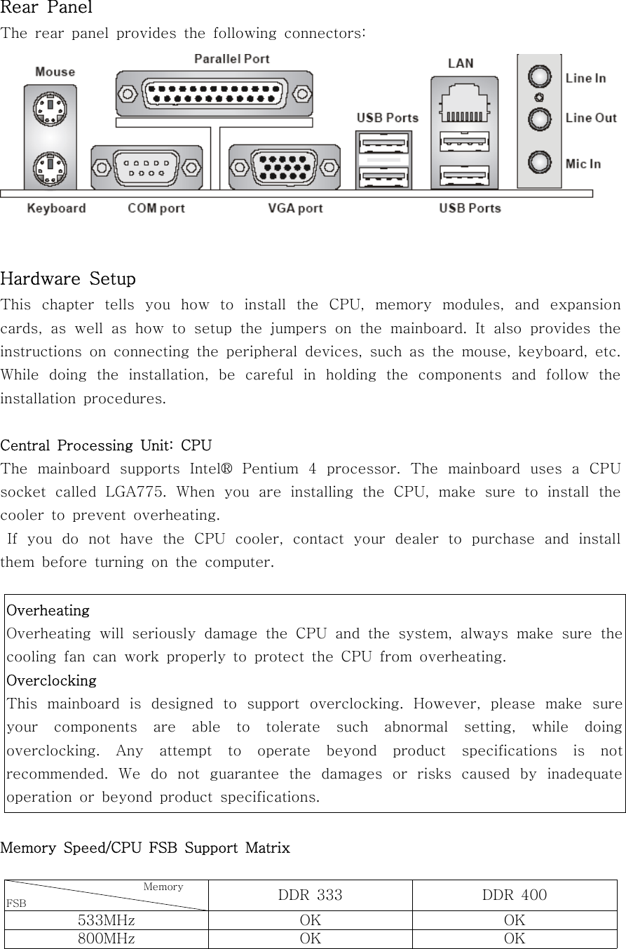Rear PanelThe rear panel provides the following connectors:Hardware SetupThis chapter tells you how to install the CPU, memory modules, and expansioncards,aswellashowtosetupthejumpers on the mainboard. It also provides theinstructions on connecting the peripheral devices, such as the mouse, keyboard, etc.While doing the installation, be careful in holding the components and follow theinstallation procedures.Central Processing Unit: CPUThe mainboard supports Intel® Pentium 4 processor. The mainboard uses a CPUsocket called LGA775. When you are installing the CPU, make sure to install thecooler to prevent overheating.If you do not have the CPU cooler, contact your dealer to purchase and installthem before turning on the computer.Memory Speed/CPU FSB Support MatrixOverheatingOverheating will seriously damage the CPU and the system, always make sure thecooling fan can work properly to protect the CPU from overheating.OverclockingThis mainboard is designed to support overclocking. However, please make sureyour components are able to tolerate such abnormal setting, while doingoverclocking. Any attempt to operate beyond product specifications is notrecommended. We do not guarantee the damages or risks caused by inadequateoperation or beyond product specifications.MemoryFSB DDR 333 DDR 400533MHz OK OK800MHz OK OK