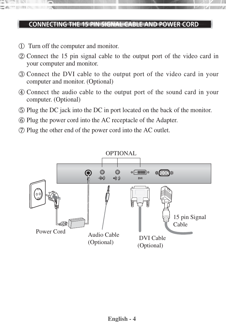 English - 4CONNECTING THE 15 PIN SIGNAL CABLE AND POWER CORD①Turn off the computer and monitor.②Connect the 15 pin signal cable to the output port of the video card inyour computer and monitor.③Connect the DVI cable to the output port of the video card in yourcomputer and monitor. (Optional)④Connect the audio cable to the output port of the sound card in yourcomputer. (Optional)⑤Plug the DC jack into the DC in port located on the back of the monitor.⑥Plug the power cord into the AC receptacle of the Adapter.⑦Plug the other end of the power cord into the AC outlet.DVI15 pin SignalCableDVI Cable(Optional) Audio Cable(Optional) Power CordOPTIONAL