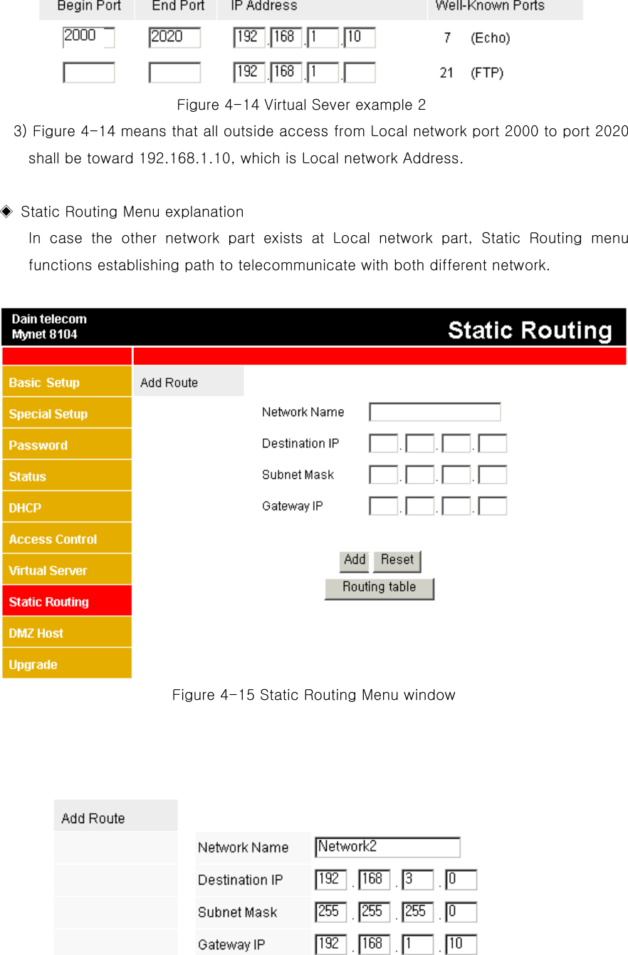     Figure 4-14 Virtual Sever example 2 3) Figure 4-14 means that all outside access from Local network port 2000 to port 2020 shall be toward 192.168.1.10, which is Local network Address.    ◈  Static Routing Menu explanation In case the other network part exists at Local network part, Static Routing menu functions establishing path to telecommunicate with both different network.  Figure 4-15 Static Routing Menu window     