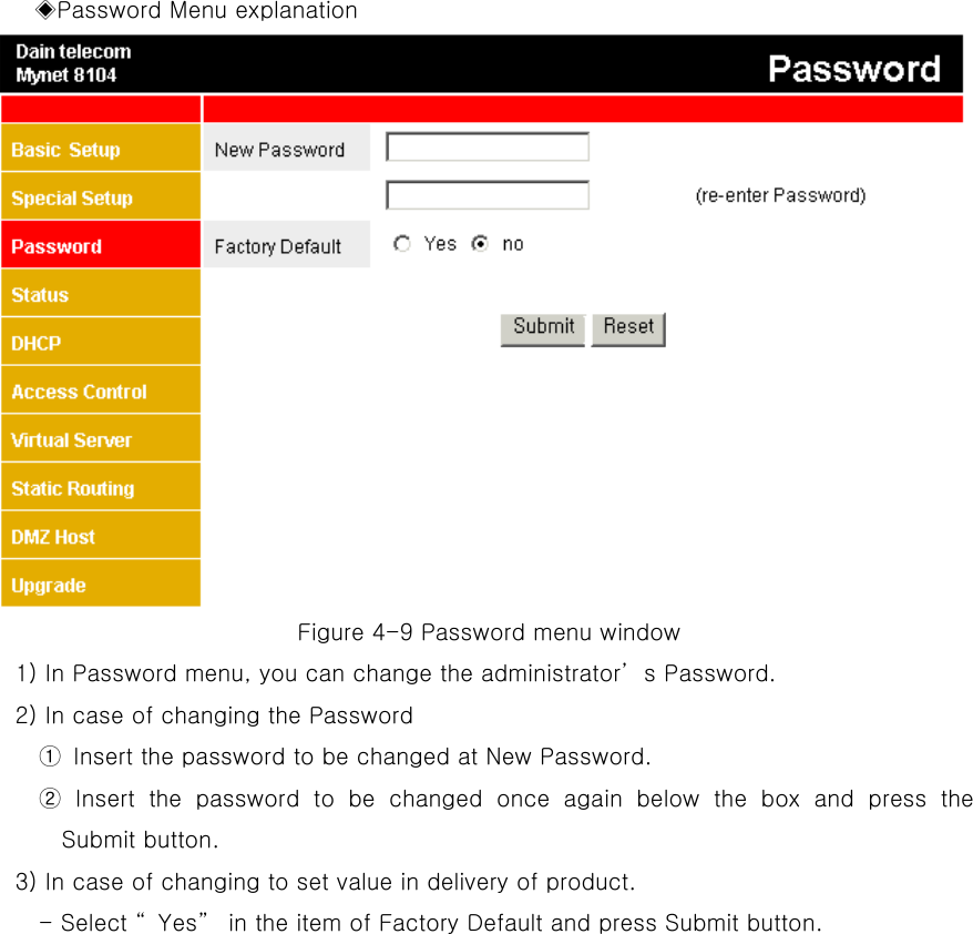      ◈Password Menu explanation Figure 4-9 Password menu window 1) In Password menu, you can change the administrator’s Password. 2) In case of changing the Password ①  Insert the password to be changed at New Password.   ② Insert the password to be changed once again below the box and press the Submit button.   3) In case of changing to set value in delivery of product.   - Select “Yes” in the item of Factory Default and press Submit button.