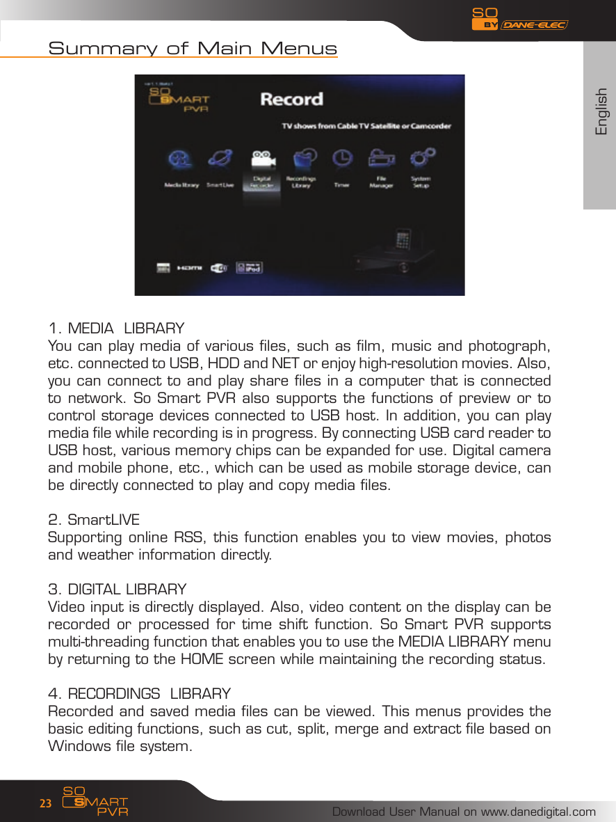EnglishDownload User Manual on www.danedigital.com23Summary of Main Menus1. MEDIA  LIBRARYYou can play media of various files, such as film, music and photograph, etc. connected to USB, HDD and NET or enjoy high-resolution movies. Also, you can connect to and play share files in a computer that is connected to network. So Smart PVR also supports the functions of preview or to control storage devices connected to USB host. In addition, you can play media file while recording is in progress. By connecting USB card reader to USB host, various memory chips can be expanded for use. Digital camera and mobile phone, etc., which can be used as mobile storage device, can be directly connected to play and copy media files.2. SmartLIVESupporting online RSS, this function enables you to view movies, photos and weather information directly. 3. DIGITAL LIBRARYVideo input is directly displayed. Also, video content on the display can be recorded or processed for time  shift function. So Smart PVR supports multi-threading function that enables you to use the MEDIA LIBRARY menu by returning to the HOME screen while maintaining the recording status.  4. RECORDINGS  LIBRARYRecorded and saved media files can be viewed. This menus provides the basic editing functions, such as cut, split, merge and extract file based on Windows file system.