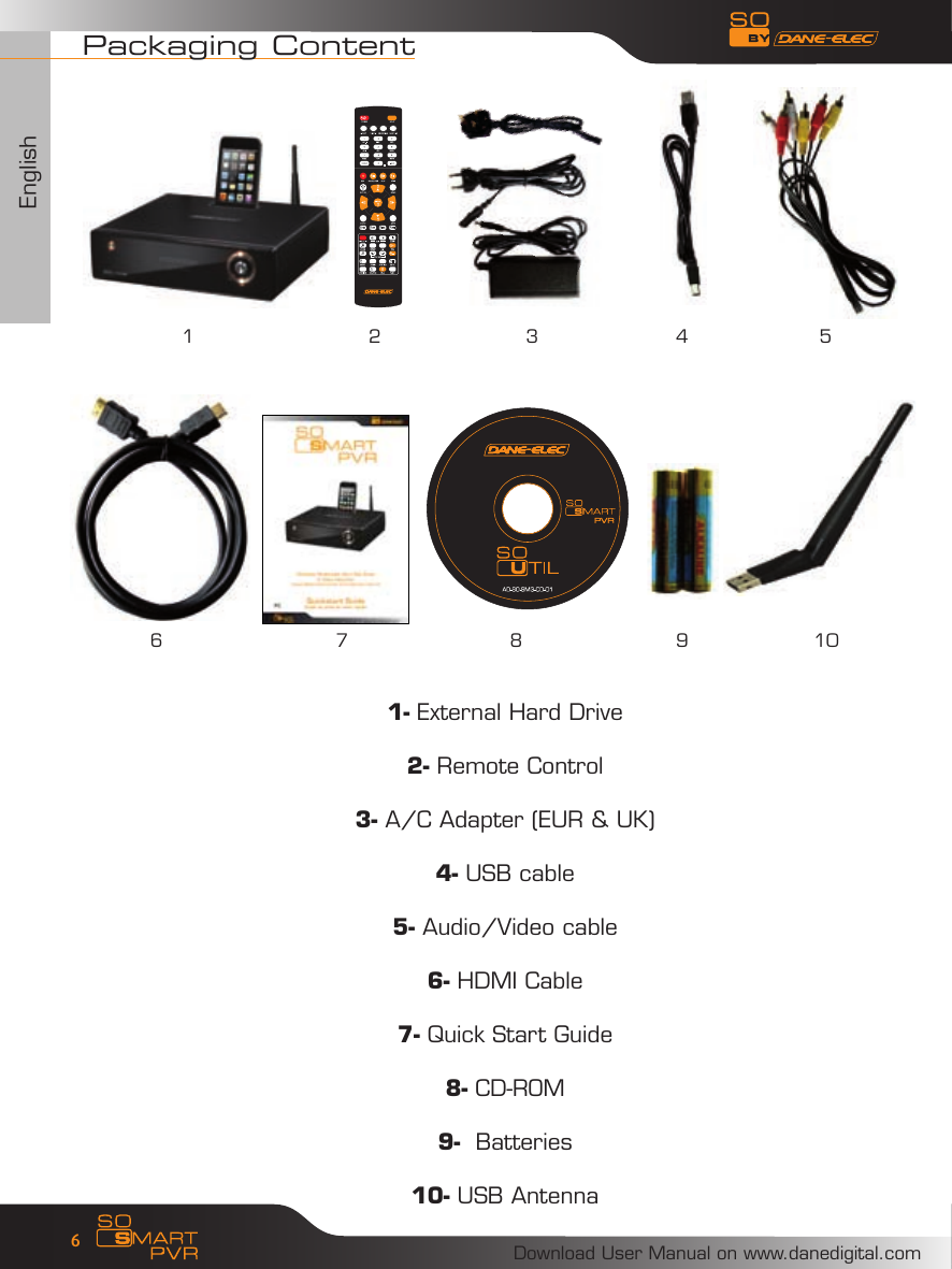 EnglishDownload User Manual on www.danedigital.com61- External Hard Drive2- Remote Control3- A/C Adapter (EUR &amp; UK)4- USB cable5- Audio/Video cable6- HDMI Cable7- Quick Start Guide8- CD-ROM9-  Batteries10- USB AntennaPackaging Content21 4 56 7 8 9 103