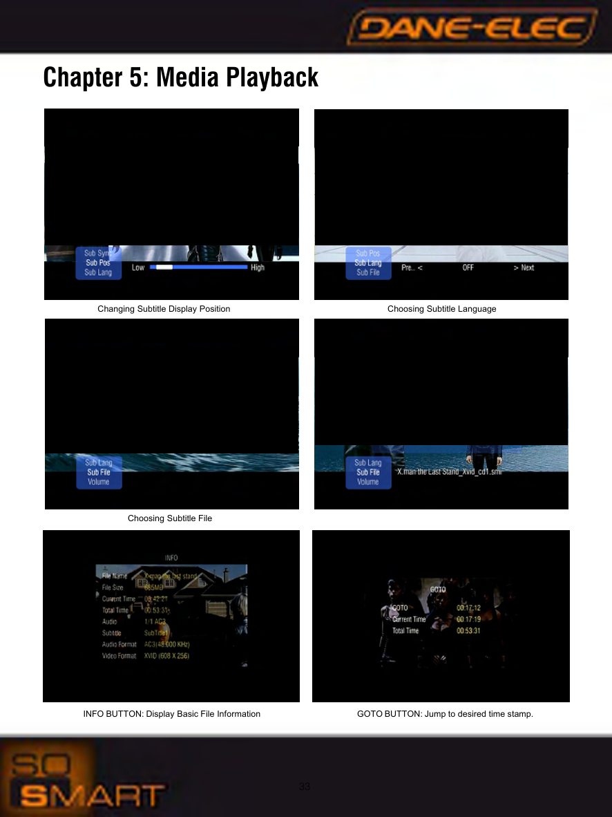 33Chapter 5: Media PlaybackChanging Subtitle Display Position Choosing Subtitle LanguageChoosing Subtitle FileINFO BUTTON: Display Basic File Information GOTO BUTTON: Jump to desired time stamp.