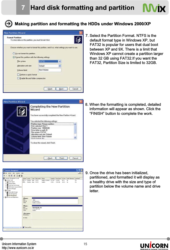 Unicorn Information Systemhttp://www.eunicorn.co.krX\7Hard disk formatting and partitionMaking partition and formatting the HDDs under Windows 2000/XP7. Select the Partition Format. NTFS is the default format type in Windows XP, but FAT32 is popular for users that dual bootbetween XP and 9X. There is a limit that Windows XP cannot create a partition largerthan 32 GB using FAT32.If you want the FAT32, Partition Size is limited to 32GB.8. When the formatting is completed, detailedinformation will appear as shown. Click the &ldquo;FINISH&rdquo; button to complete the work.9. Once the drive has been initialized, partitioned, and formatted it will display asa healthy drive with the size and type of partition below the volume name and driveletter.