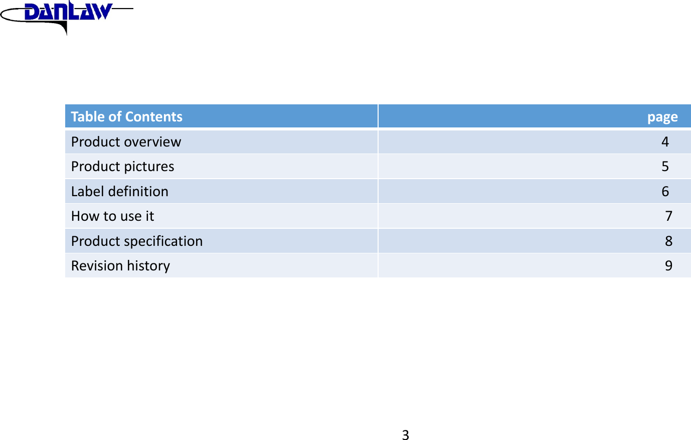 TableofContents pageProductoverview4Productpictures 5Labeldefinition 6Howtouseit7Productspecification 8Revisionhistory 93