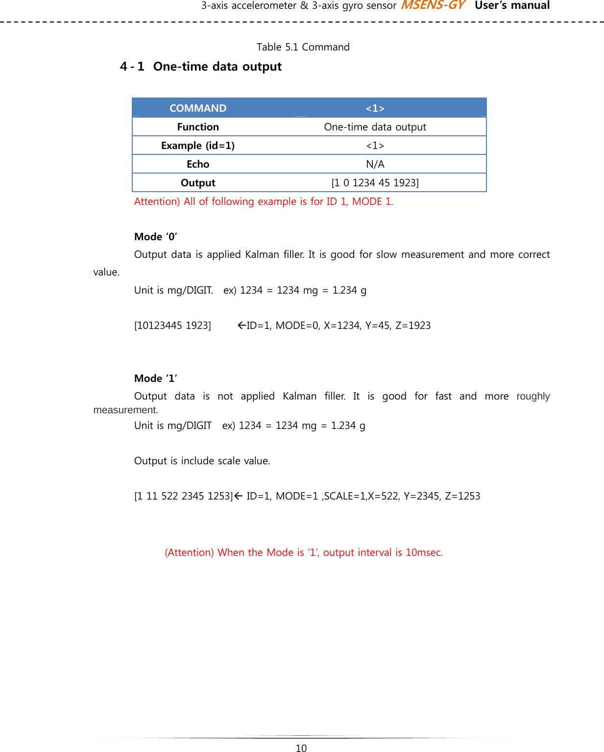 3-axis accelerometer &amp; 3-axis gyro sensor MSENS-GY    User’s manual   10        Table 5.1 Command ４-１  One-time data output  COMMAND  &lt;1&gt; Function  One-time data output   Example (id=1)  &lt;1&gt; Echo  N/A Output  [1 0 1234 45 1923]   Attention) All of following example is for ID 1, MODE 1.  Mode ’0’   Output data is applied Kalman filler. It is good for slow measurement and more correct value. Unit is mg/DIGIT.    ex) 1234 = 1234 mg = 1.234 g    [10123445 1923]          ÅID=1, MODE=0, X=1234, Y=45, Z=1923   Mode ‘1’   Output  data  is  not  applied  Kalman  filler.  It  is  good  for  fast  and  more  roughly measurement. Unit is mg/DIGIT    ex) 1234 = 1234 mg = 1.234 g   Output is include scale value.  [1 11 522 2345 1253]Å ID=1, MODE=1 ,SCALE=1,X=522, Y=2345, Z=1253   (Attention) When the Mode is ‘1’, output interval is 10msec.        