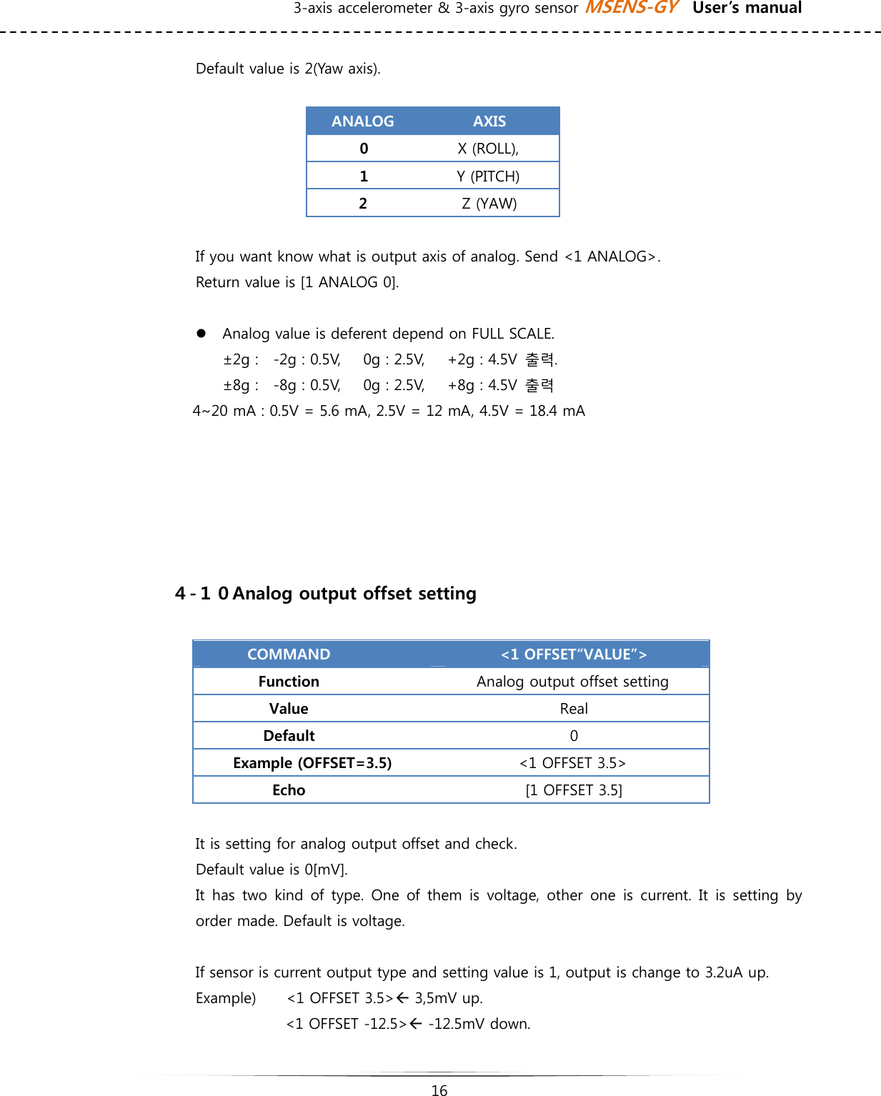 3-axis accelerometer &amp; 3-axis gyro sensor MSENS-GY    User’s manual   16   Default value is 2(Yaw axis).  ANALOG  AXIS 0  X (ROLL), 1  Y (PITCH) 2  Z (YAW)  If you want know what is output axis of analog. Send &lt;1 ANALOG&gt;. Return value is [1 ANALOG 0].    z Analog value is deferent depend on FULL SCALE. ±2g :    -2g : 0.5V,      0g : 2.5V,      +2g : 4.5V  출력. ±8g :    -8g : 0.5V,      0g : 2.5V,      +8g : 4.5V  출력 4~20 mA : 0.5V = 5.6 mA, 2.5V = 12 mA, 4.5V = 18.4 mA        ４-１０Analog output offset setting  COMMAND  &lt;1 OFFSET“VALUE”&gt; Function  Analog output offset setting Value  Real Default  0 Example (OFFSET=3.5)  &lt;1 OFFSET 3.5&gt; Echo  [1 OFFSET 3.5]  It is setting for analog output offset and check.   Default value is 0[mV]. It has two kind of type. One of them is voltage, other one is current.  It  is  setting  by order made. Default is voltage.  If sensor is current output type and setting value is 1, output is change to 3.2uA up. Example)    &lt;1 OFFSET 3.5&gt;Å 3,5mV up.   &lt;1 OFFSET -12.5&gt;Å -12.5mV down.     