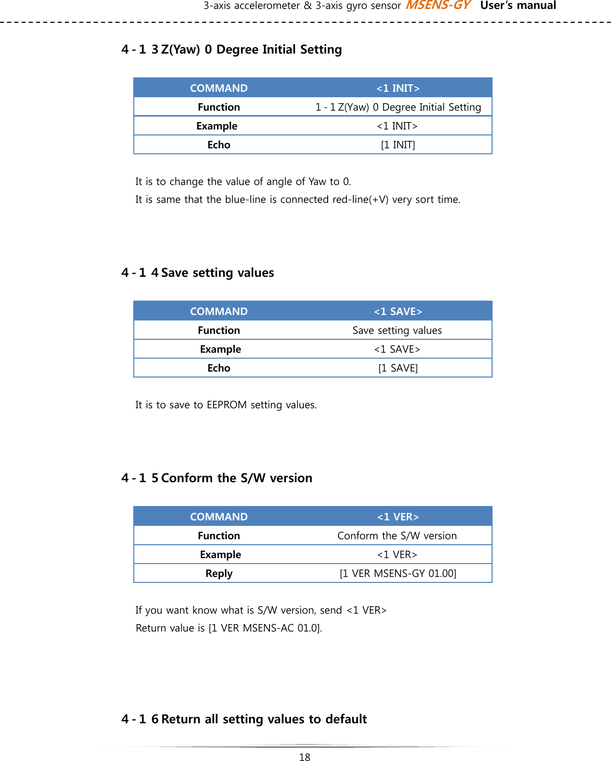 3-axis accelerometer &amp; 3-axis gyro sensor MSENS-GY    User’s manual   18   ４-１３Z(Yaw) 0 Degree Initial Setting  COMMAND  &lt;1 INIT&gt; Function  １-１Z(Yaw) 0 Degree Initial Setting Example    &lt;1 INIT&gt; Echo  [1 INIT]  It is to change the value of angle of Yaw to 0. It is same that the blue-line is connected red-line(+V) very sort time.    ４-１４Save setting values  COMMAND  &lt;1 SAVE&gt; Function  Save setting values Example    &lt;1 SAVE&gt; Echo  [1 SAVE]  It is to save to EEPROM setting values.    ４-１５Conform the S/W version    COMMAND  &lt;1 VER&gt; Function  Conform the S/W version Example  &lt;1 VER&gt; Reply  [1 VER MSENS-GY 01.00]  If you want know what is S/W version, send &lt;1 VER&gt; Return value is [1 VER MSENS-AC 01.0].     ４-１６Return all setting values to default 