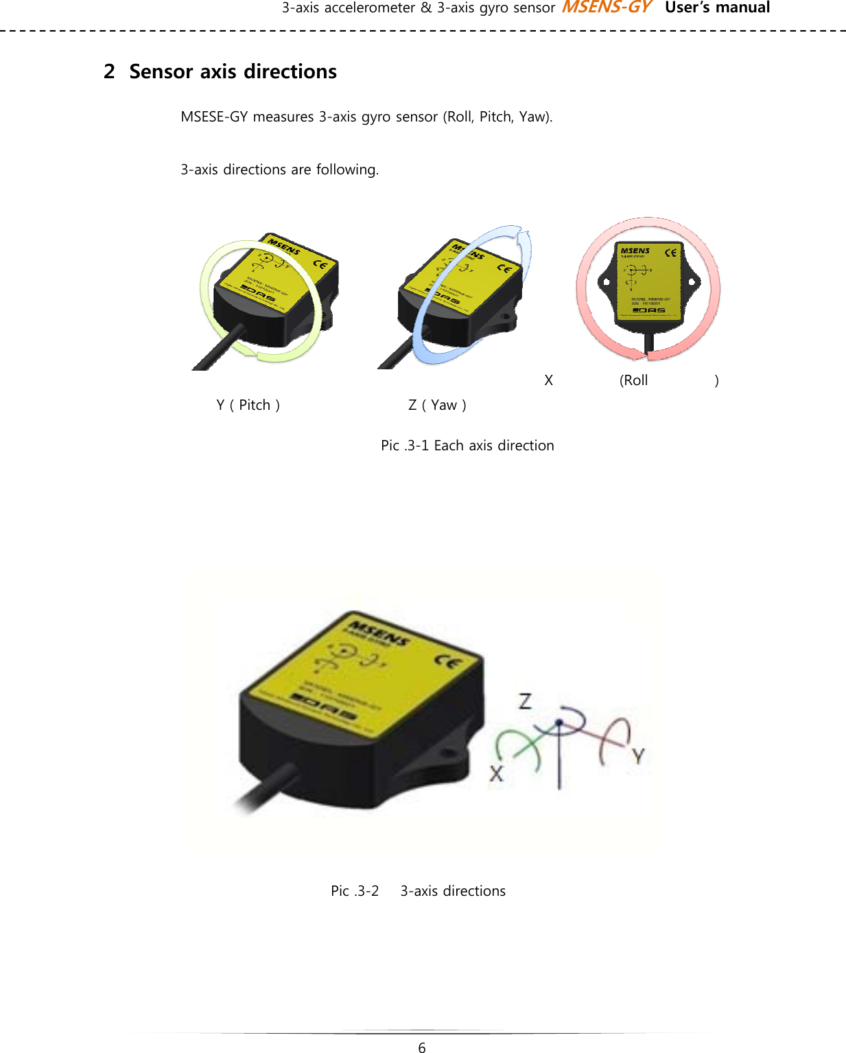 3-axis accelerometer &amp; 3-axis gyro sensor MSENS-GY    User’s manual   6   ２  Sensor axis directions MSESE-GY measures 3-axis gyro sensor (Roll, Pitch, Yaw).   3-axis directions are following.    X  (Roll  )                  Y ( Pitch )                  Z ( Yaw ) Pic .3-1 Each axis direction           Pic .3-2   3-axis directions    