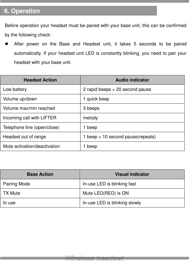   Before operation your headset must be paired with your base unit, this can be confirmed by the following check:   After  power  on  the  Base  and  Headset  unit,  it  takes  5  seconds  to  be  paired automatically. If your headset unit LED is constantly blinking, you need to pair your headset with your base unit.  Headset Action Audio indicator Low battery 2 rapid beeps + 20 second pause Volume up/down 1 quick beep Volume max/min reached 3 beeps Incoming call with LIFTER melody Telephone line (open/close) 1 beep Headset out of range 1 beep + 10 second pause(repeats) Mute activation/deactivation 1 beep   Base Action Visual indicator Pairing Mode In-use LED is blinking fast TX Mute Mute LED(RED) is ON In use In-use LED is blinking slowly       6. Operation 