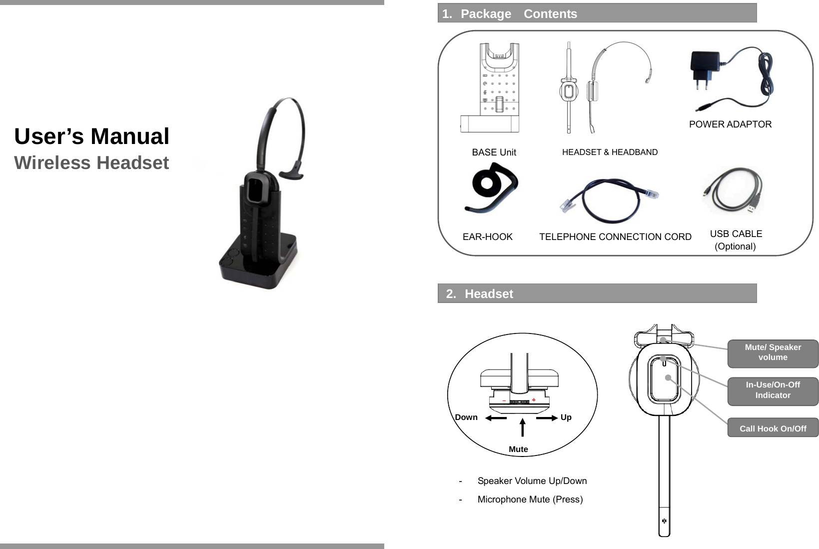                           User’s Manual Wireless Headset INTRODUCTION                         -  Speaker Volume Up/Down -  Microphone Mute (Press)   1. Package  Contents BASE Unit  HEADSET &amp; HEADBAND   EAR-HOOK  TELEPHONE CONNECTION CORD2. Headset   POWER ADAPTOR Down Up Mute/ Speaker volume Call Hook On/Off In-Use/On-Off Indicator Mute    USB CABLE (Optional) 