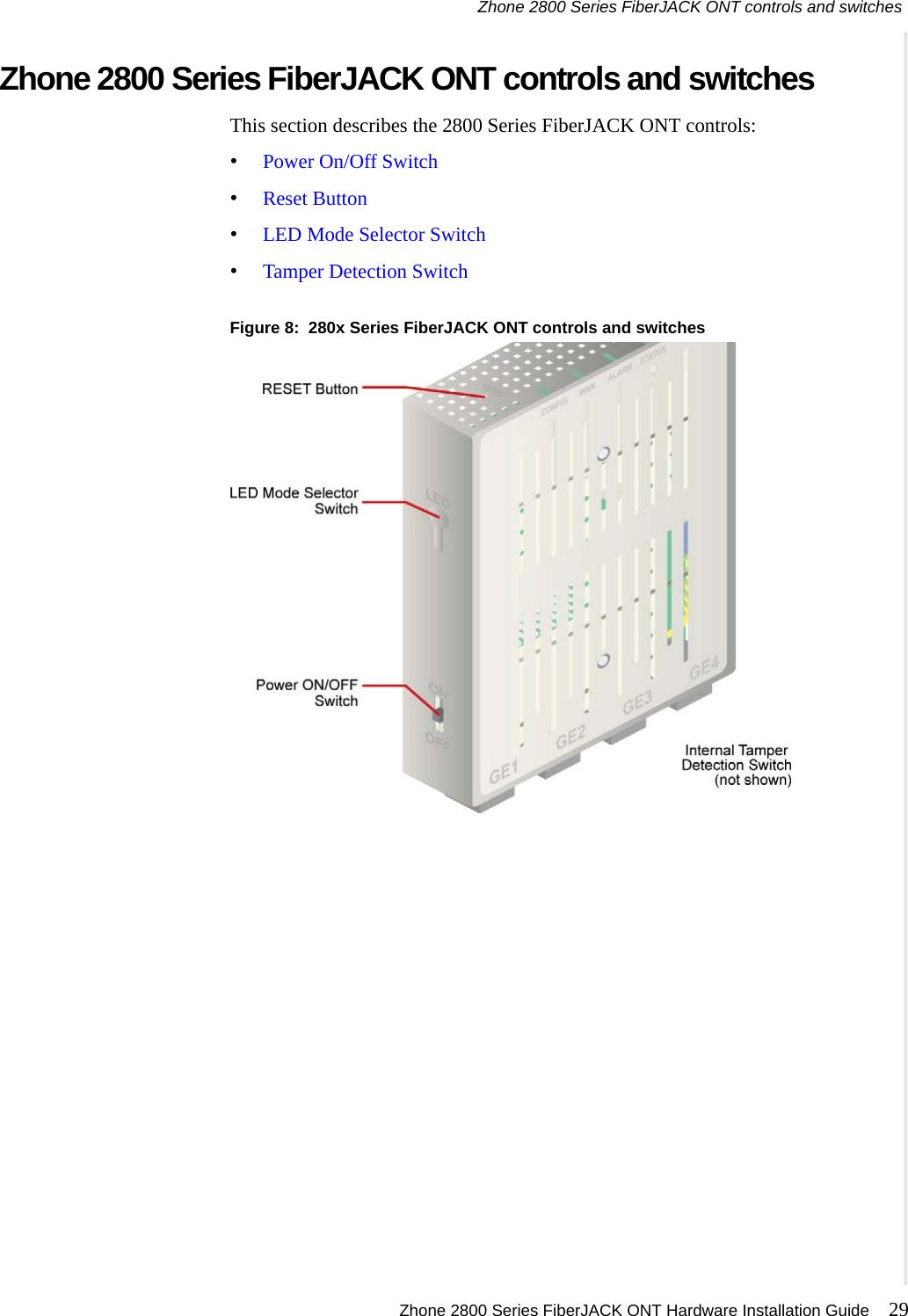 Zhone 2800 Series FiberJACK ONT controls and switches Zhone 2800 Series FiberJACK ONT Hardware Installation Guide 29   Zhone 2800 Series FiberJACK ONT controls and switchesThis section describes the 2800 Series FiberJACK ONT controls:•Power On/Off Switch•Reset Button•LED Mode Selector Switch•Tamper Detection SwitchFigure 8:  280x Series FiberJACK ONT controls and switches