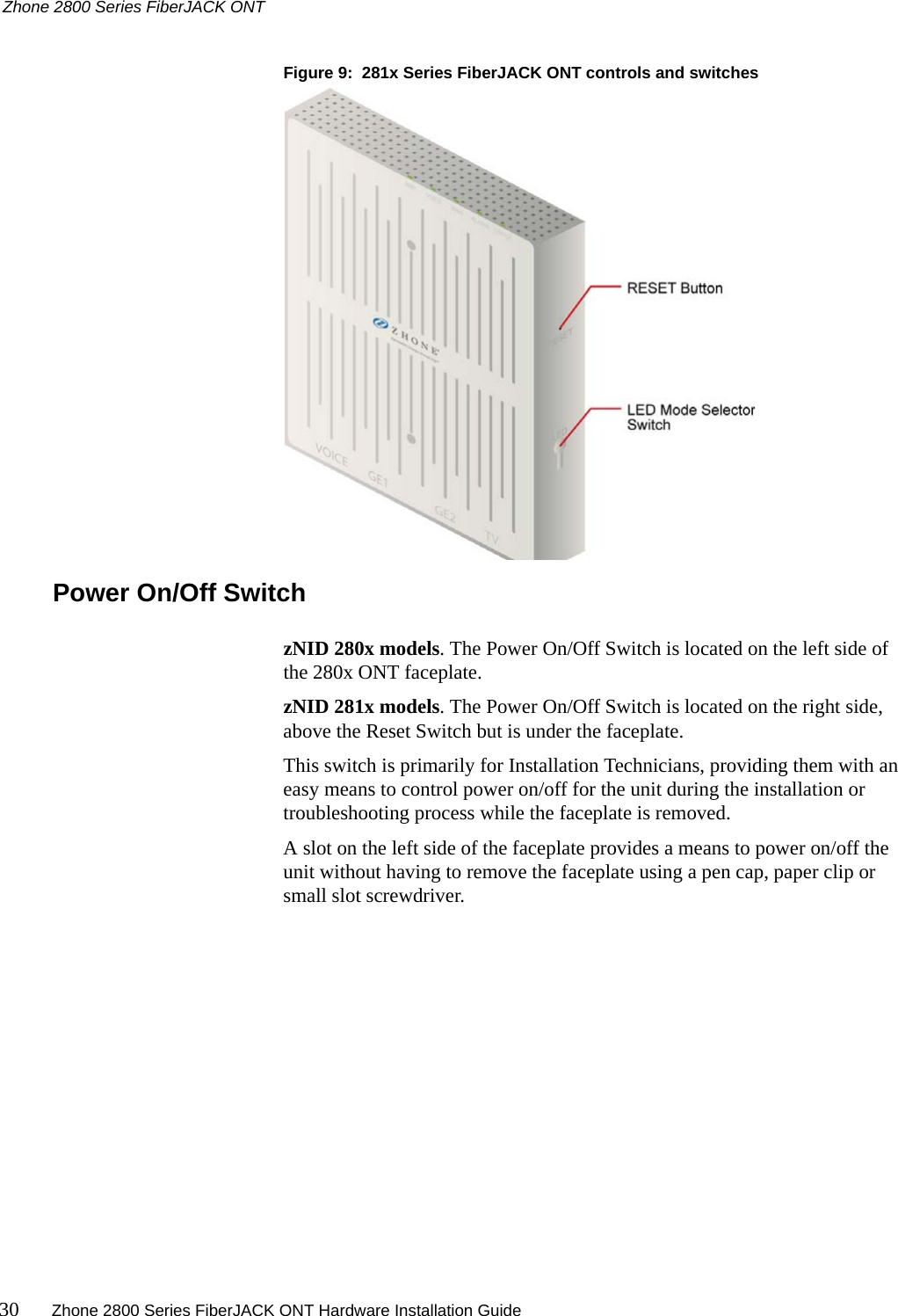 Zhone 2800 Series FiberJACK ONT30 Zhone 2800 Series FiberJACK ONT Hardware Installation Guide   Figure 9:  281x Series FiberJACK ONT controls and switchesPower On/Off SwitchzNID 280x models. The Power On/Off Switch is located on the left side of the 280x ONT faceplate.  zNID 281x models. The Power On/Off Switch is located on the right side, above the Reset Switch but is under the faceplate.This switch is primarily for Installation Technicians, providing them with an easy means to control power on/off for the unit during the installation or troubleshooting process while the faceplate is removed.  A slot on the left side of the faceplate provides a means to power on/off the unit without having to remove the faceplate using a pen cap, paper clip or small slot screwdriver.
