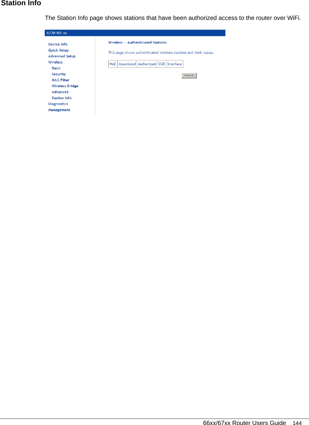   66xx/67xx Router Users Guide 144 Station Info The Station Info page shows stations that have been authorized access to the router over WiFi.  