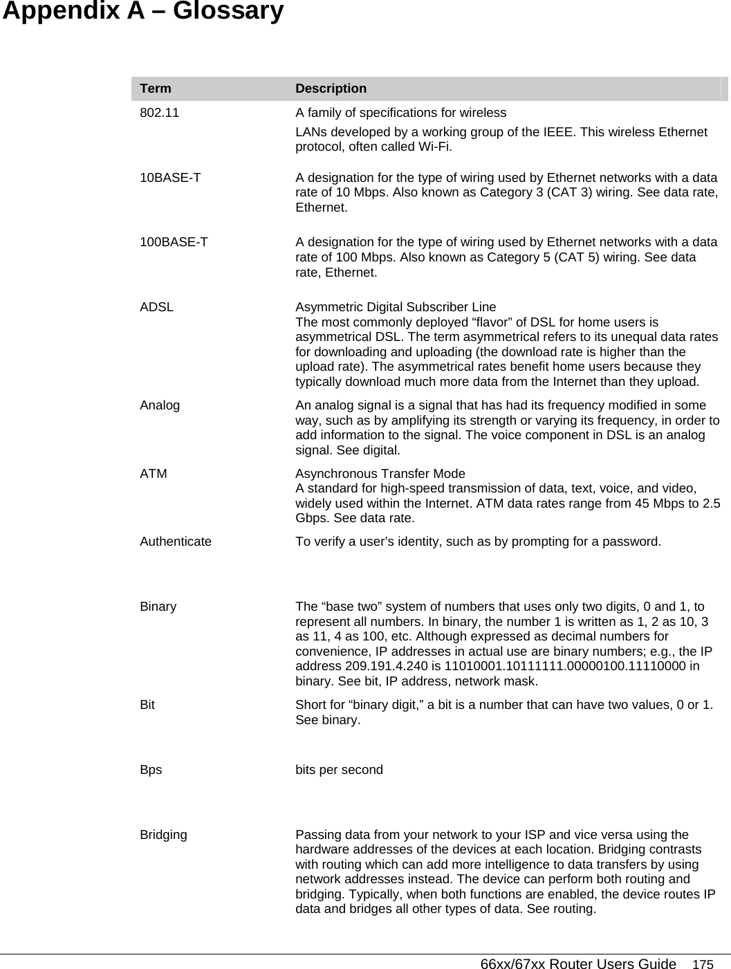   66xx/67xx Router Users Guide 175  Appendix A – Glossary Term  Description 802.11  A family of specifications for wireless  LANs developed by a working group of the IEEE. This wireless Ethernet protocol, often called Wi-Fi. 10BASE-T  A designation for the type of wiring used by Ethernet networks with a data rate of 10 Mbps. Also known as Category 3 (CAT 3) wiring. See data rate, Ethernet. 100BASE-T  A designation for the type of wiring used by Ethernet networks with a data rate of 100 Mbps. Also known as Category 5 (CAT 5) wiring. See data rate, Ethernet. ADSL  Asymmetric Digital Subscriber Line The most commonly deployed “flavor” of DSL for home users is asymmetrical DSL. The term asymmetrical refers to its unequal data rates for downloading and uploading (the download rate is higher than the upload rate). The asymmetrical rates benefit home users because they typically download much more data from the Internet than they upload. Analog  An analog signal is a signal that has had its frequency modified in some way, such as by amplifying its strength or varying its frequency, in order to add information to the signal. The voice component in DSL is an analog signal. See digital. ATM  Asynchronous Transfer Mode A standard for high-speed transmission of data, text, voice, and video, widely used within the Internet. ATM data rates range from 45 Mbps to 2.5 Gbps. See data rate. Authenticate  To verify a user’s identity, such as by prompting for a password. Binary  The “base two” system of numbers that uses only two digits, 0 and 1, to represent all numbers. In binary, the number 1 is written as 1, 2 as 10, 3 as 11, 4 as 100, etc. Although expressed as decimal numbers for convenience, IP addresses in actual use are binary numbers; e.g., the IP address 209.191.4.240 is 11010001.10111111.00000100.11110000 in binary. See bit, IP address, network mask. Bit  Short for “binary digit,” a bit is a number that can have two values, 0 or 1. See binary. Bps  bits per second Bridging  Passing data from your network to your ISP and vice versa using the hardware addresses of the devices at each location. Bridging contrasts with routing which can add more intelligence to data transfers by using network addresses instead. The device can perform both routing and bridging. Typically, when both functions are enabled, the device routes IP data and bridges all other types of data. See routing. 