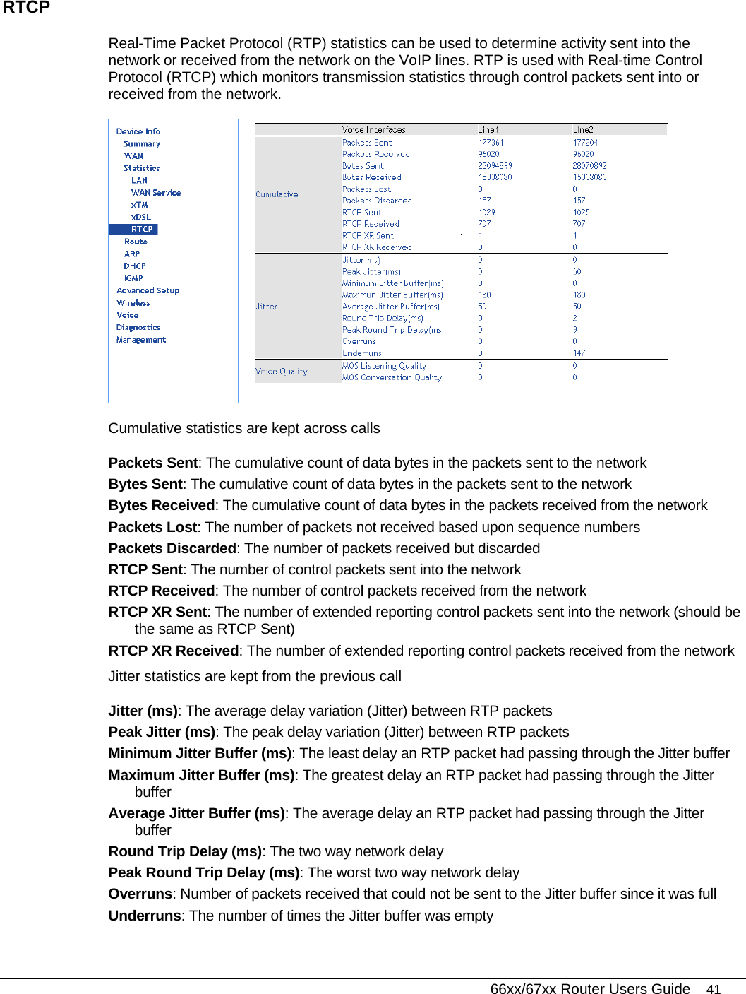   66xx/67xx Router Users Guide 41 RTCP Real-Time Packet Protocol (RTP) statistics can be used to determine activity sent into the network or received from the network on the VoIP lines. RTP is used with Real-time Control Protocol (RTCP) which monitors transmission statistics through control packets sent into or received from the network.   Cumulative statistics are kept across calls Packets Sent: The cumulative count of data bytes in the packets sent to the network Bytes Sent: The cumulative count of data bytes in the packets sent to the network Bytes Received: The cumulative count of data bytes in the packets received from the network Packets Lost: The number of packets not received based upon sequence numbers Packets Discarded: The number of packets received but discarded RTCP Sent: The number of control packets sent into the network RTCP Received: The number of control packets received from the network RTCP XR Sent: The number of extended reporting control packets sent into the network (should be the same as RTCP Sent) RTCP XR Received: The number of extended reporting control packets received from the network Jitter statistics are kept from the previous call Jitter (ms): The average delay variation (Jitter) between RTP packets  Peak Jitter (ms): The peak delay variation (Jitter) between RTP packets Minimum Jitter Buffer (ms): The least delay an RTP packet had passing through the Jitter buffer Maximum Jitter Buffer (ms): The greatest delay an RTP packet had passing through the Jitter buffer Average Jitter Buffer (ms): The average delay an RTP packet had passing through the Jitter buffer Round Trip Delay (ms): The two way network delay Peak Round Trip Delay (ms): The worst two way network delay Overruns: Number of packets received that could not be sent to the Jitter buffer since it was full Underruns: The number of times the Jitter buffer was empty 