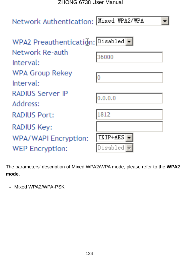 ZHONG 6738 User Manual  124     The parameters’ description of Mixed WPA2/WPA mode, please refer to the WPA2 mode.  - Mixed WPA2/WPA-PSK 