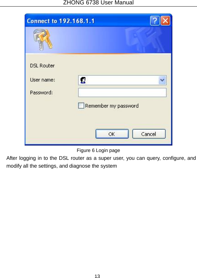 ZHONG 6738 User Manual  13    Figure 6 Login page After logging in to the DSL router as a super user, you can query, configure, and modify all the settings, and diagnose the system 