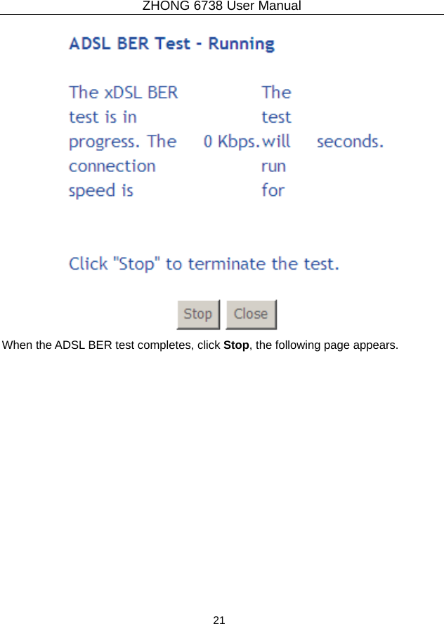ZHONG 6738 User Manual  21    When the ADSL BER test completes, click Stop, the following page appears.   