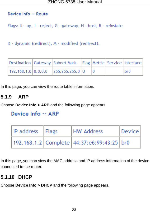 ZHONG 6738 User Manual  23     In this page, you can view the route table information. 5.1.9   ARP Choose Device Info &gt; ARP and the following page appears.     In this page, you can view the MAC address and IP address information of the device connected to the router. 5.1.10   DHCP Choose Device Info &gt; DHCP and the following page appears.   