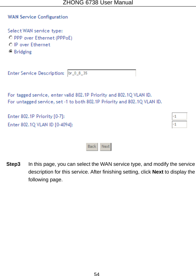 ZHONG 6738 User Manual  54     Step3  In this page, you can select the WAN service type, and modify the service description for this service. After finishing setting, click Next to display the following page. 