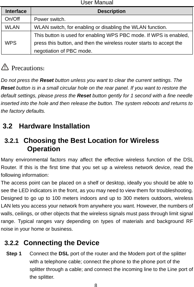 User Manual 8 Interface  Description On/Off  Power switch. WLAN  WLAN switch, for enabling or disabling the WLAN function. WPS This button is used for enabling WPS PBC mode. If WPS is enabled, press this button, and then the wireless router starts to accept the negotiation of PBC mode.   Precautions: Do not press the Reset button unless you want to clear the current settings. The Reset button is in a small circular hole on the rear panel. If you want to restore the default settings, please press the Reset button gently for 1 second with a fine needle inserted into the hole and then release the button. The system reboots and returns to the factory defaults. 3.2   Hardware Installation 3.2.1   Choosing the Best Location for Wireless Operation Many environmental factors may affect the effective wireless function of the DSL Router. If this is the first time that you set up a wireless network device, read the following information: The access point can be placed on a shelf or desktop, ideally you should be able to see the LED indicators in the front, as you may need to view them for troubleshooting. Designed to go up to 100 meters indoors and up to 300 meters outdoors, wireless LAN lets you access your network from anywhere you want. However, the numbers of walls, ceilings, or other objects that the wireless signals must pass through limit signal range. Typical ranges vary depending on types of materials and background RF noise in your home or business. 3.2.2   Connecting the Device Step 1  Connect the DSL port of the router and the Modem port of the splitter with a telephone cable; connect the phone to the phone port of the splitter through a cable; and connect the incoming line to the Line port of the splitter. 