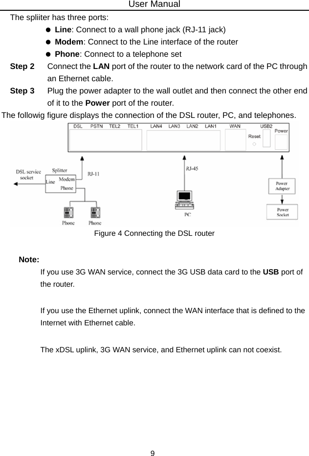 User Manual 9 The spliiter has three ports:   Line: Connect to a wall phone jack (RJ-11 jack)   Modem: Connect to the Line interface of the router   Phone: Connect to a telephone set Step 2  Connect the LAN port of the router to the network card of the PC through an Ethernet cable. Step 3  Plug the power adapter to the wall outlet and then connect the other end of it to the Power port of the router. The followig figure displays the connection of the DSL router, PC, and telephones.  Figure 4 Connecting the DSL router Note: If you use 3G WAN service, connect the 3G USB data card to the USB port of the router. If you use the Ethernet uplink, connect the WAN interface that is defined to the Internet with Ethernet cable. The xDSL uplink, 3G WAN service, and Ethernet uplink can not coexist.  