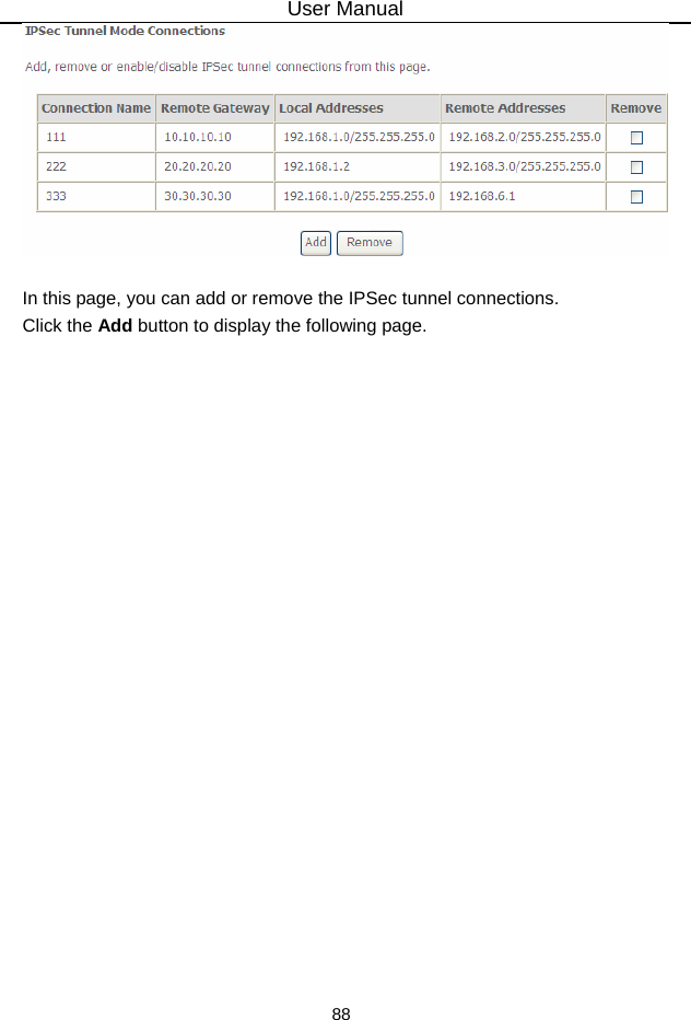 User Manual 88   In this page, you can add or remove the IPSec tunnel connections. Click the Add button to display the following page. 