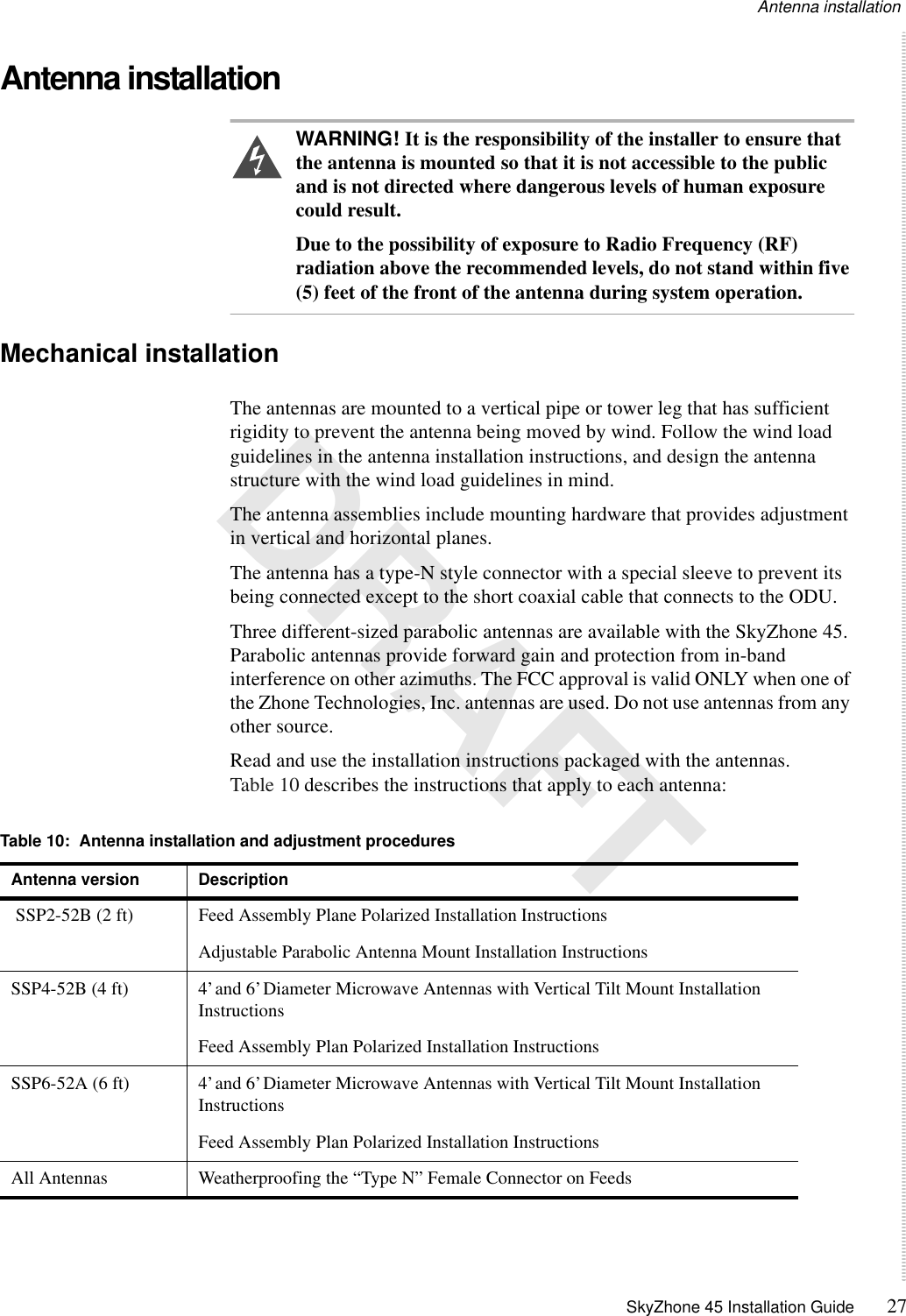 Antenna installation SkyZhone 45 Installation Guide 27 DRAFTAntenna installationWARNING! It is the responsibility of the installer to ensure that the antenna is mounted so that it is not accessible to the public and is not directed where dangerous levels of human exposure could result.Due to the possibility of exposure to Radio Frequency (RF) radiation above the recommended levels, do not stand within five (5) feet of the front of the antenna during system operation.Mechanical installationThe antennas are mounted to a vertical pipe or tower leg that has sufficient rigidity to prevent the antenna being moved by wind. Follow the wind load guidelines in the antenna installation instructions, and design the antenna structure with the wind load guidelines in mind.The antenna assemblies include mounting hardware that provides adjustment in vertical and horizontal planes.The antenna has a type-N style connector with a special sleeve to prevent its being connected except to the short coaxial cable that connects to the ODU.Three different-sized parabolic antennas are available with the SkyZhone 45. Parabolic antennas provide forward gain and protection from in-band interference on other azimuths. The FCC approval is valid ONLY when one of the Zhone Technologies, Inc. antennas are used. Do not use antennas from any other source. Read and use the installation instructions packaged with the antennas. Table 10 describes the instructions that apply to each antenna: Table 10:  Antenna installation and adjustment proceduresAntenna version Description SSP2-52B (2 ft) Feed Assembly Plane Polarized Installation InstructionsAdjustable Parabolic Antenna Mount Installation InstructionsSSP4-52B (4 ft) 4’ and 6’ Diameter Microwave Antennas with Vertical Tilt Mount Installation InstructionsFeed Assembly Plan Polarized Installation InstructionsSSP6-52A (6 ft) 4’ and 6’ Diameter Microwave Antennas with Vertical Tilt Mount Installation InstructionsFeed Assembly Plan Polarized Installation InstructionsAll Antennas Weatherproofing the “Type N” Female Connector on Feeds
