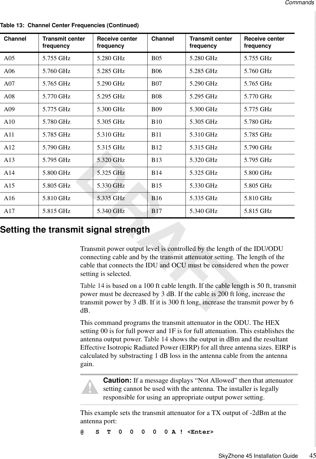 Commands SkyZhone 45 Installation Guide 45 DRAFTSetting the transmit signal strengthTransmit power output level is controlled by the length of the IDU/ODU connecting cable and by the transmit attenuator setting. The length of the cable that connects the IDU and OCU must be considered when the power setting is selected.Table 14 is based on a 100 ft cable length. If the cable length is 50 ft, transmit power must be decreased by 3 dB. If the cable is 200 ft long, increase the transmit power by 3 dB. If it is 300 ft long, increase the transmit power by 6 dB.This command programs the transmit attenuator in the ODU. The HEX setting 00 is for full power and 1F is for full attenuation. This establishes the antenna output power. Table 14 shows the output in dBm and the resultant Effective Isotropic Radiated Power (EIRP) for all three antenna sizes. EIRP is calculated by substracting 1 dB loss in the antenna cable from the antenna gain. Caution: If a message displays “Not Allowed” then that attenuator setting cannot be used with the antenna. The installer is legally responsible for using an appropriate output power setting. This example sets the transmit attenuator for a TX output of -2dBm at the antenna port:@   S  T  0  0  0  0  0 A ! &lt;Enter&gt;A05 5.755 GHz 5.280 GHz B05 5.280 GHz 5.755 GHzA06 5.760 GHz 5.285 GHz B06 5.285 GHz 5.760 GHzA07 5.765 GHz 5.290 GHz B07 5.290 GHz 5.765 GHzA08 5.770 GHz 5.295 GHz B08 5.295 GHz 5.770 GHzA09 5.775 GHz 5.300 GHz B09 5.300 GHz 5.775 GHzA10 5.780 GHz 5.305 GHz B10 5.305 GHz 5.780 GHzA11 5.785 GHz 5.310 GHz B11 5.310 GHz 5.785 GHzA12 5.790 GHz 5.315 GHz B12 5.315 GHz 5.790 GHzA13 5.795 GHz 5.320 GHz B13 5.320 GHz 5.795 GHzA14 5.800 GHz 5.325 GHz B14 5.325 GHz 5.800 GHzA15 5.805 GHz 5.330 GHz B15 5.330 GHz 5.805 GHzA16 5.810 GHz 5.335 GHz B16 5.335 GHz 5.810 GHzA17 5.815 GHz 5.340 GHz B17 5.340 GHz 5.815 GHzTable 13:  Channel Center Frequencies (Continued)Channel Transmit center frequency Receive center frequency Channel Transmit center frequency Receive center frequency