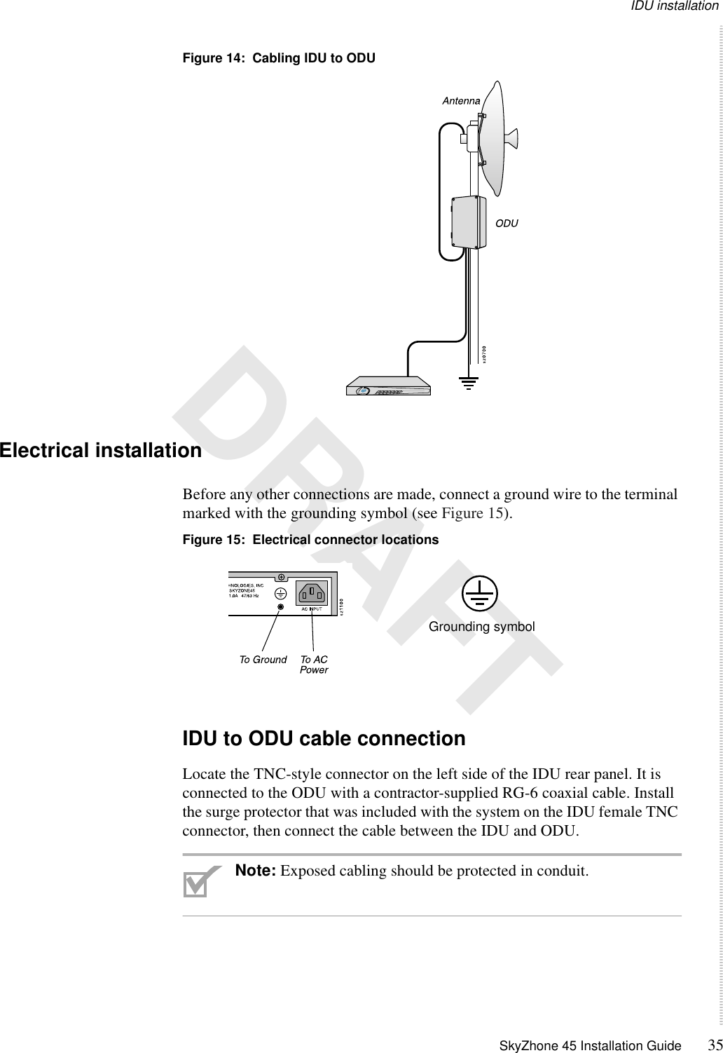 IDU installation SkyZhone 45 Installation Guide 35 DRAFTFigure 14:  Cabling IDU to ODUElectrical installationBefore any other connections are made, connect a ground wire to the terminal marked with the grounding symbol (see Figure 15). Figure 15:  Electrical connector locationsIDU to ODU cable connectionLocate the TNC-style connector on the left side of the IDU rear panel. It is connected to the ODU with a contractor-supplied RG-6 coaxial cable. Install the surge protector that was included with the system on the IDU female TNC connector, then connect the cable between the IDU and ODU.Note: Exposed cabling should be protected in conduit.Grounding symbol