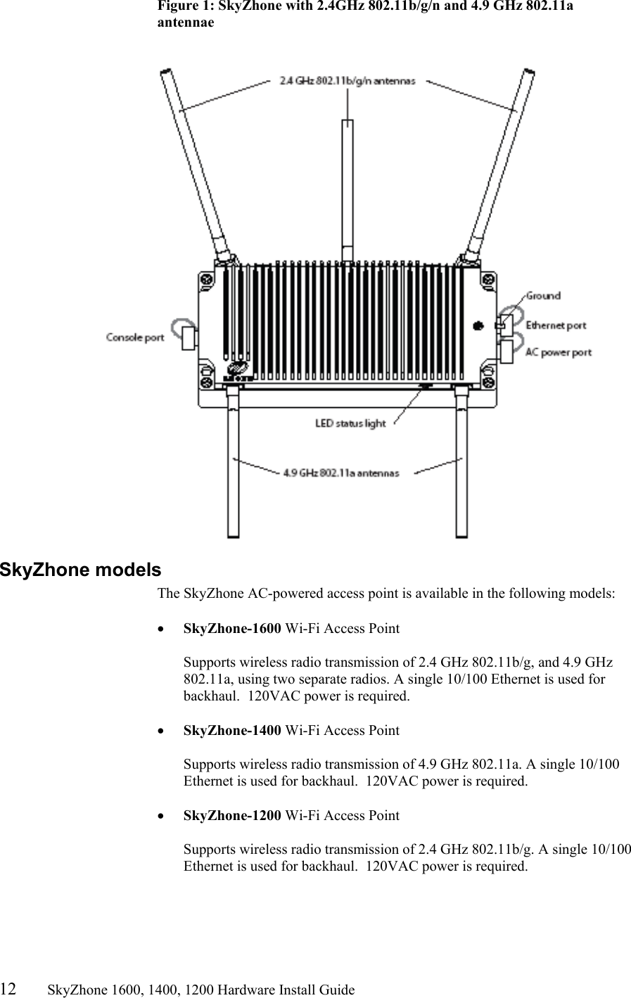 12       SkyZhone 1600, 1400, 1200 Hardware Install Guide          Figure 1: SkyZhone with 2.4GHz 802.11b/g/n and 4.9 GHz 802.11a antennae    SkyZhone models The SkyZhone AC-powered access point is available in the following models:  •  SkyZhone-1600 Wi-Fi Access Point  Supports wireless radio transmission of 2.4 GHz 802.11b/g, and 4.9 GHz 802.11a, using two separate radios. A single 10/100 Ethernet is used for backhaul.  120VAC power is required.  •  SkyZhone-1400 Wi-Fi Access Point  Supports wireless radio transmission of 4.9 GHz 802.11a. A single 10/100 Ethernet is used for backhaul.  120VAC power is required.  •  SkyZhone-1200 Wi-Fi Access Point  Supports wireless radio transmission of 2.4 GHz 802.11b/g. A single 10/100 Ethernet is used for backhaul.  120VAC power is required. 