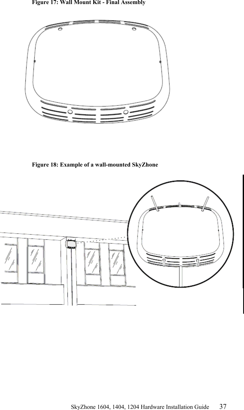                                                   SkyZhone 1604, 1404, 1204 Hardware Installation Guide 37 Figure 17: Wall Mount Kit - Final Assembly        Figure 18: Example of a wall-mounted SkyZhone   