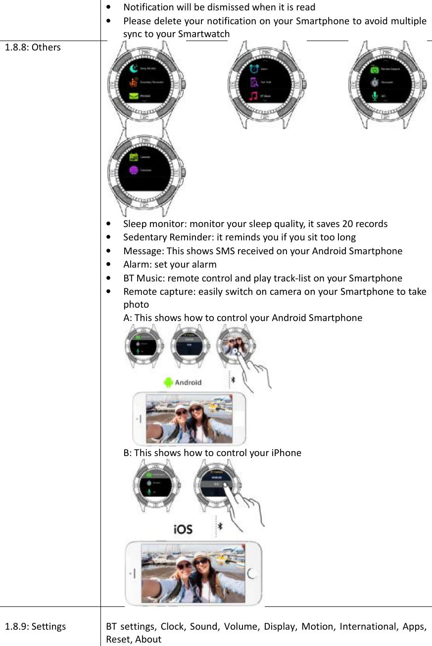•Notification will be dismissed when it is read•Please delete your notification on your Smartphone to avoid multiplesync to your Smartwatch1.8.8: Others •Sleep monitor: monitor your sleep quality, it saves 20 records•Sedentary Reminder: it reminds you if you sit too long•Message: This shows SMS received on your Android Smartphone•Alarm: set your alarm•BT Music: remote control and play track-list on your Smartphone•Remote capture: easily switch on camera on your Smartphone to takephotoA: This shows how to control your Android SmartphoneB: This shows how to control your iPhone 1.8.9: Settings  BT settings, Clock, Sound, Volume, Display, Motion, International, Apps, Reset, About 