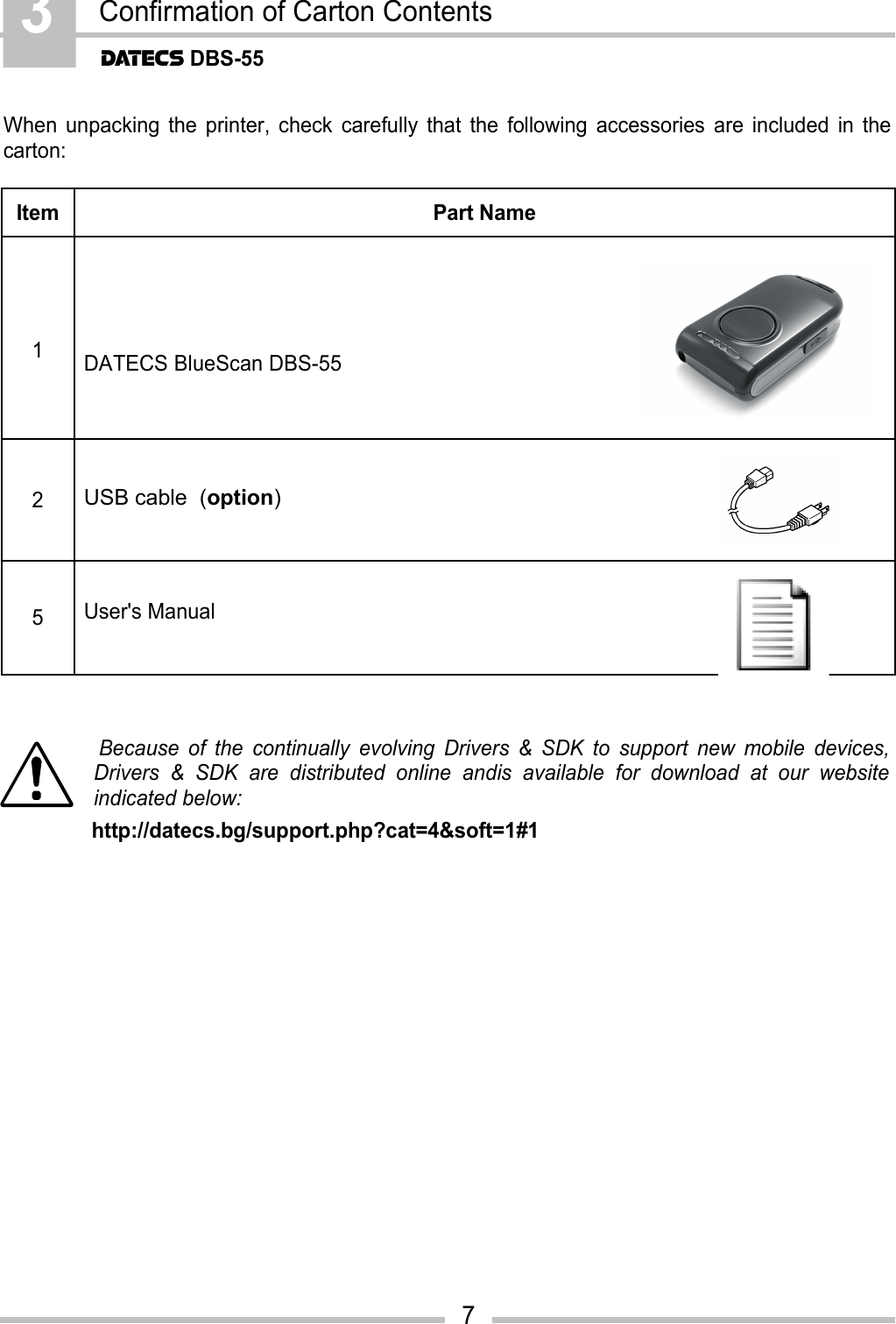 3Confirmation of Carton ContentsDATECS DBS-557When unpacking the printer, check carefully that the following accessories are included in thecarton:Item Part Name1DATECS BlueScan DBS-552USB cable  (option) 5User&apos;s ManualBecause of the continually evolving Drivers &amp; SDK to support new mobile devices,Drivers   &amp;   SDK   are   distributed   online   andis   available   for   download   at   our   websiteindicated below: http://datecs.bg/support.php?cat=4&amp;soft=1#1