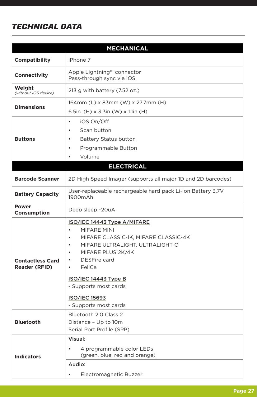   Page 27TECHNICAL DATA MECHANICALCompatibility iPhone 7Connectivity Apple Lightning™ connectorPass-through sync via iOSWeight  (without iOS device) 213 g with battery (7.52 oz.)Dimensions 164mm (L) x 83mm (W) x 27.7mm (H)6.5in. (H) x 3.3in (W) x 1.1in (H)Buttons•  iOS On/O•  Scan button•  Battery Status button•  Programmable Button•  VolumeELECTRICALBarcode Scanner 2D High Speed Imager (supports all major 1D and 2D barcodes)Battery Capacity User-replaceable rechargeable hard pack Li-ion Battery 3.7V 1900mAhPower Consumption Deep sleep ~20uAContactless Card Reader (RFID)ISO/IEC 14443 Type A/MIFARE•  MIFARE MINI•  MIFARE CLASSIC-1K, MIFARE CLASSIC-4K•  MIFARE ULTRALIGHT, ULTRALIGHT-C•  MIFARE PLUS 2K/4K•  DESFire card•  FeliCaISO/IEC 14443 Type B- Supports most cardsISO/IEC 15693- Supports most cardsBluetooth Bluetooth 2.0 Class 2Distance – Up to 10mSerial Port Profile (SPP)IndicatorsVisual:•  4 programmable color LEDs (green, blue, red and orange)Audio:•  Electromagnetic Buzzer