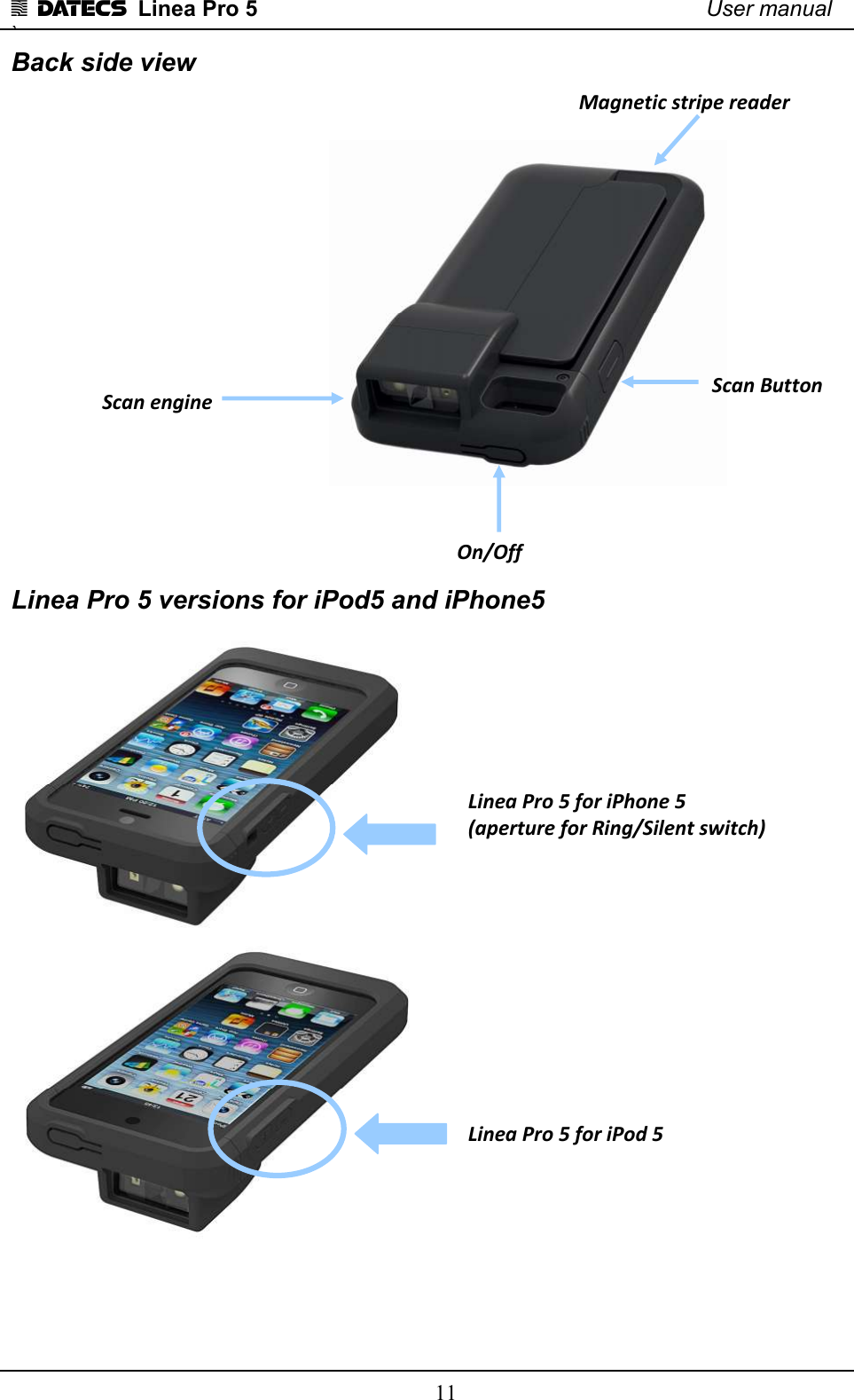 1 DATECS  Linea Pro 5    User manual `    11 Back side view Linea Pro 5 versions for iPod5 and iPhone5  Linea Pro 5 for iPhone 5 (aperture for Ring/Silent switch) Linea Pro 5 for iPod 5 Scan engine On/Off  Scan Button  Magnetic stripe reader  