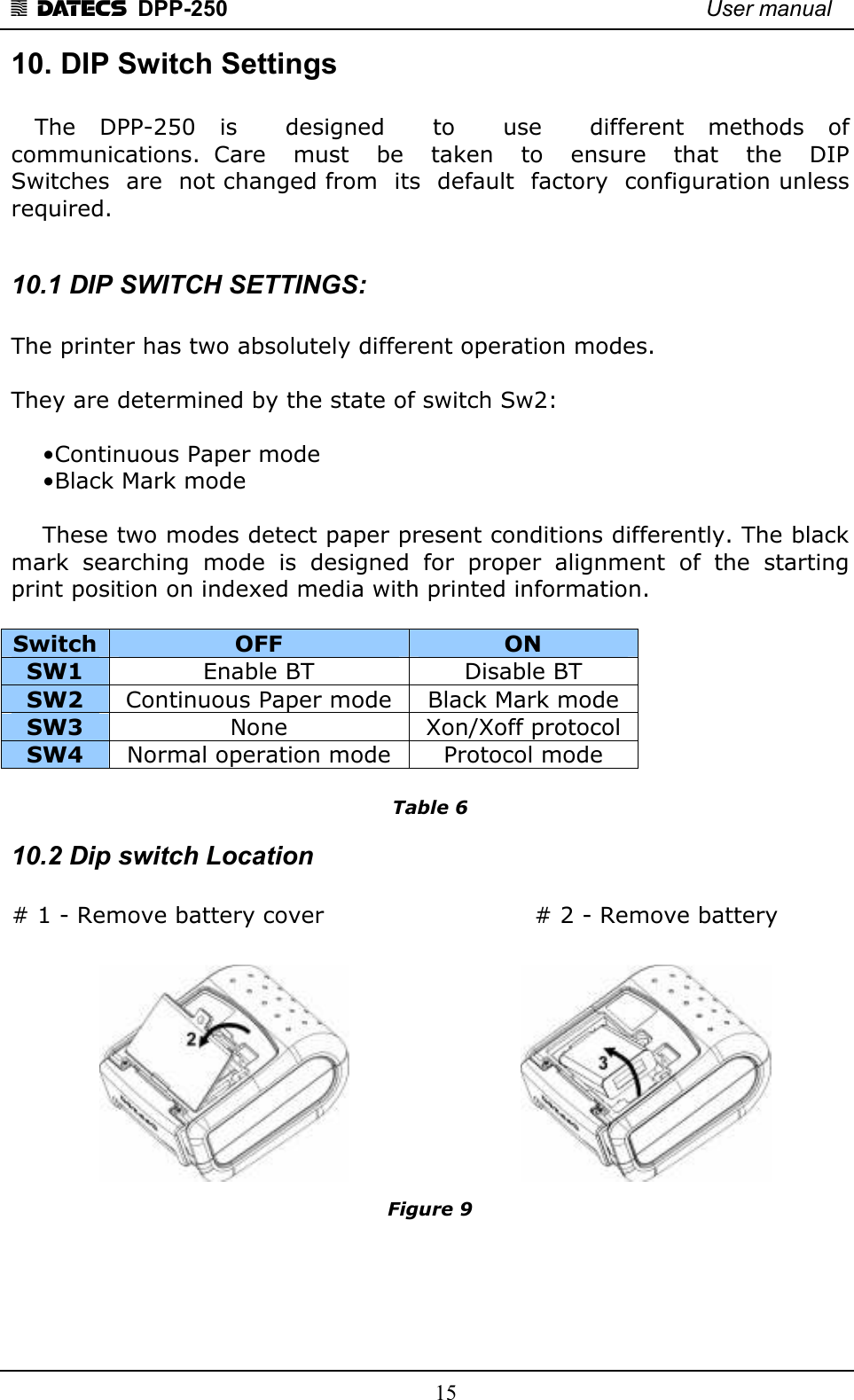 1 DATECS  DPP-250    User manual     15 10. DIP Switch Settings     The  DPP-250  is    designed    to    use    different  methods  of communications.  Care    must    be    taken    to    ensure    that    the    DIP Switches  are  not changed from  its  default  factory  configuration unless required.  10.1 DIP SWITCH SETTINGS:   The printer has two absolutely different operation modes.    They are determined by the state of switch Sw2:       •Continuous Paper mode      •Black Mark mode       These two modes detect paper present conditions differently. The black mark  searching  mode  is  designed  for  proper  alignment  of  the  starting print position on indexed media with printed information.  Switch OFF  ON SW1  Enable BT  Disable BT SW2  Continuous Paper mode  Black Mark mode SW3  None  Xon/Xoff protocol SW4  Normal operation mode  Protocol mode  Table 6 10.2 Dip switch Location  # 1 - Remove battery cover                           # 2 - Remove battery           Figure 9      