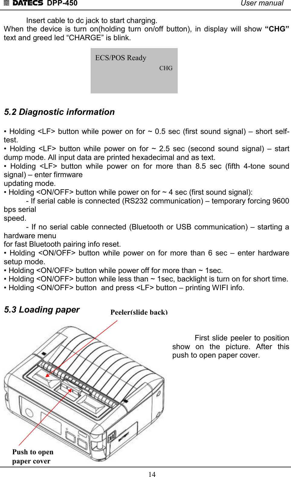 1 DATECS  DPP-450    User manual     14   Insert cable to dc jack to start charging.  When the  device  is  turn  on(holding  turn  on/off  button),  in  display  will  show  “CHG” text and greed led “CHARGE” is blink.        5.2 Diagnostic information  • Holding &lt;LF&gt; button while power on for ~ 0.5 sec (first sound signal) – short self-test. •  Holding  &lt;LF&gt;  button  while  power  on  for  ~  2.5  sec  (second  sound  signal)  –  start dump mode. All input data are printed hexadecimal and as text. •  Holding  &lt;LF&gt;  button  while  power  on  for  more  than  8.5  sec  (fifth  4-tone  sound signal) – enter firmware updating mode. • Holding &lt;ON/OFF&gt; button while power on for ~ 4 sec (first sound signal): - If serial cable is connected (RS232 communication) – temporary forcing 9600 bps serial speed. - If no serial cable connected (Bluetooth or USB communication) – starting a hardware menu for fast Bluetooth pairing info reset. •  Holding  &lt;ON/OFF&gt;  button  while  power  on  for  more  than  6  sec –  enter  hardware setup mode. • Holding &lt;ON/OFF&gt; button while power off for more than ~ 1sec. • Holding &lt;ON/OFF&gt; button while less than ~ 1sec, backlight is turn on for short time. • Holding &lt;ON/OFF&gt; button  and press &lt;LF&gt; button – printing WIFI info.  5.3 Loading paper     First slide peeler to position show  on  the  picture.  After  this push to open paper cover.            ECS/POS Ready      CHG      Peeler(slide back) Push to open paper cover 